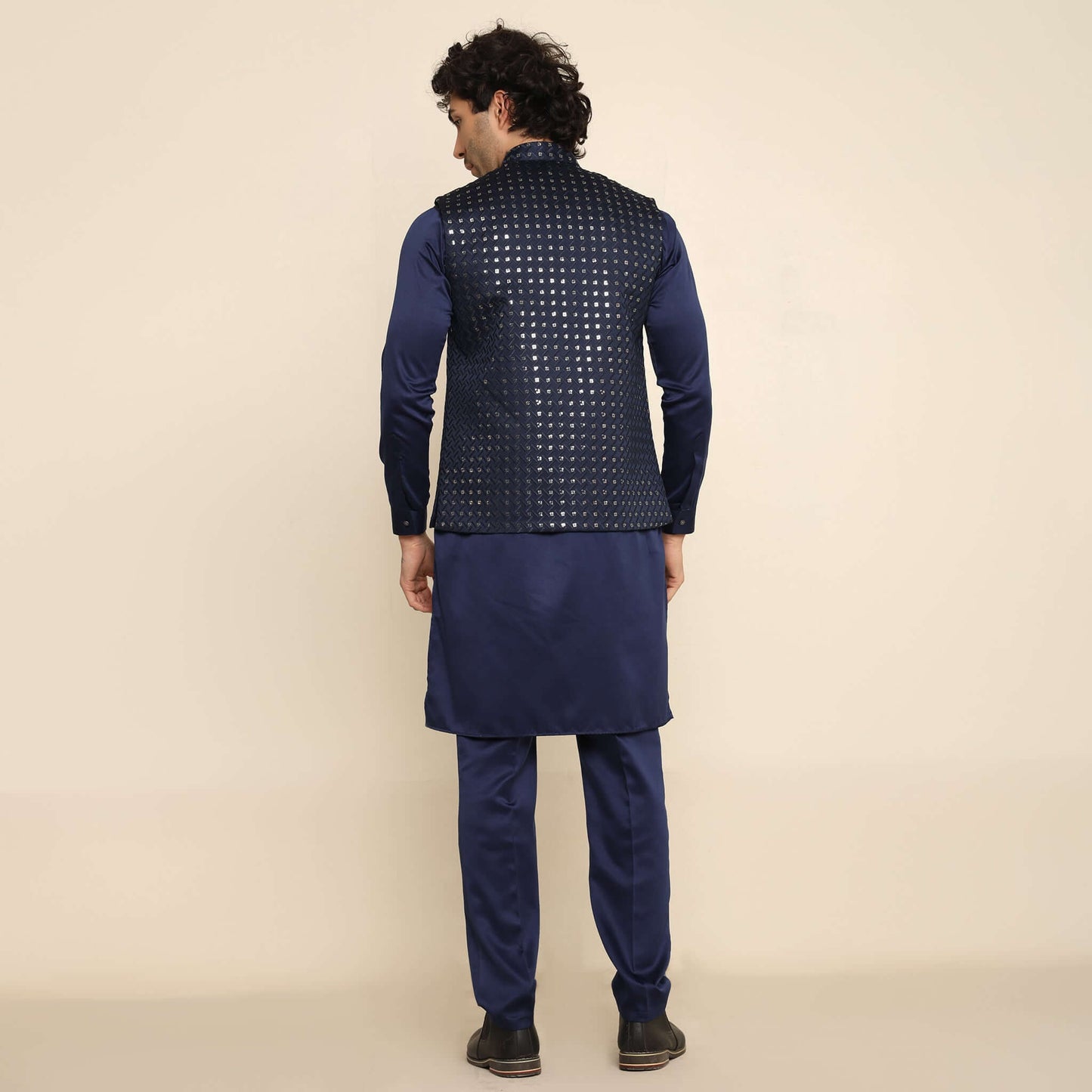 Blue Sequence Chikan Embroidered Kurta Koti Set for Men
