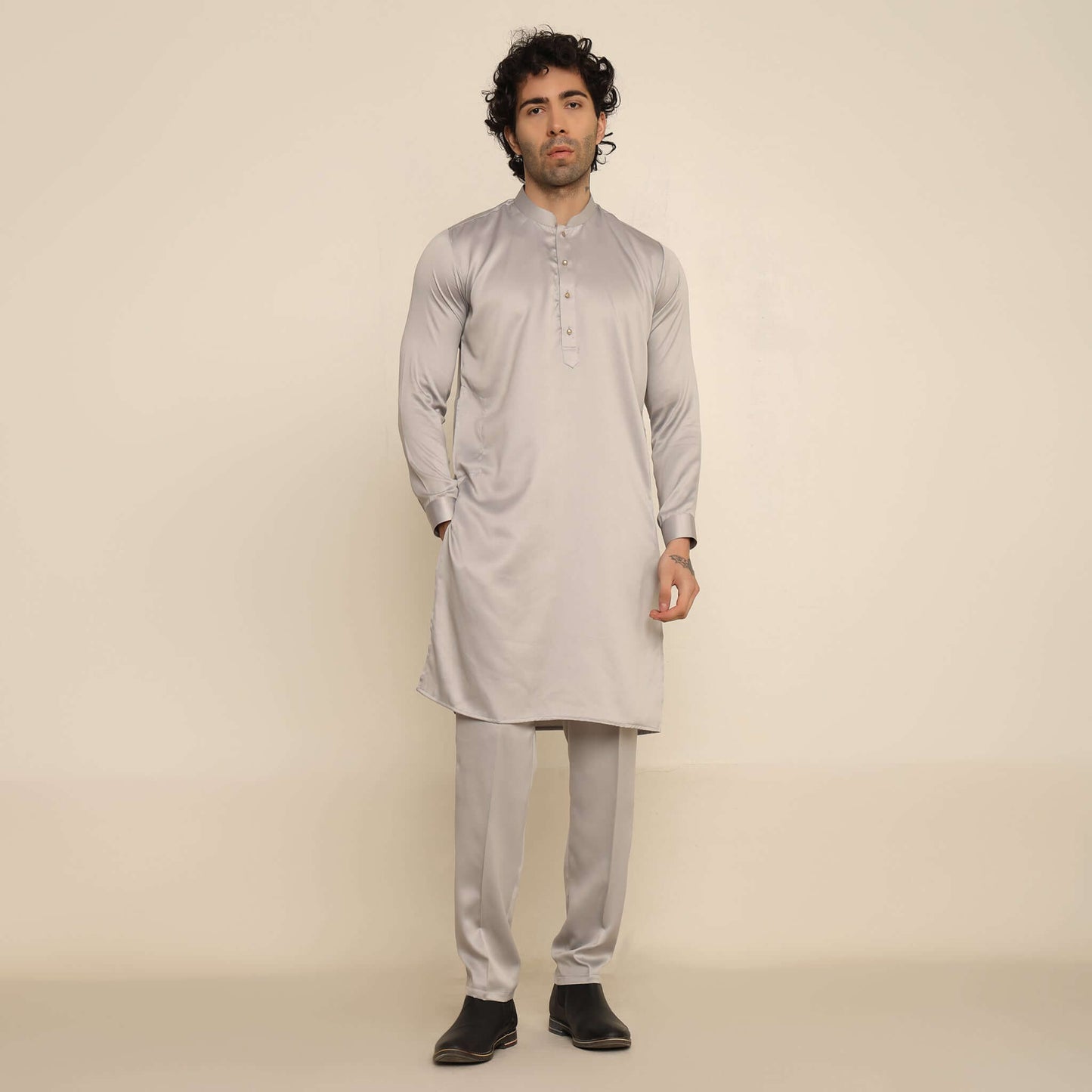 Silver Circular Embroidered Sequins Kurta Koti Set for Men