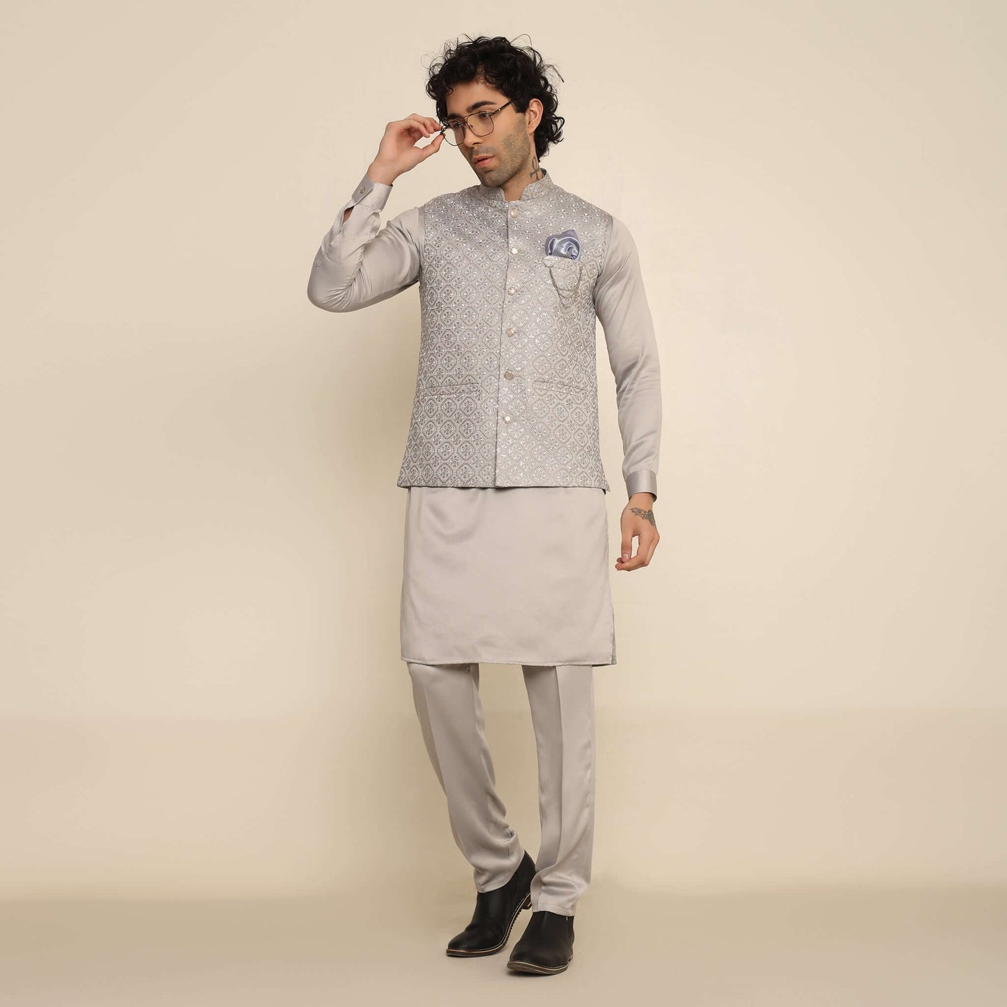 Silver Circular Embroidered Sequins Kurta Koti Set for Men