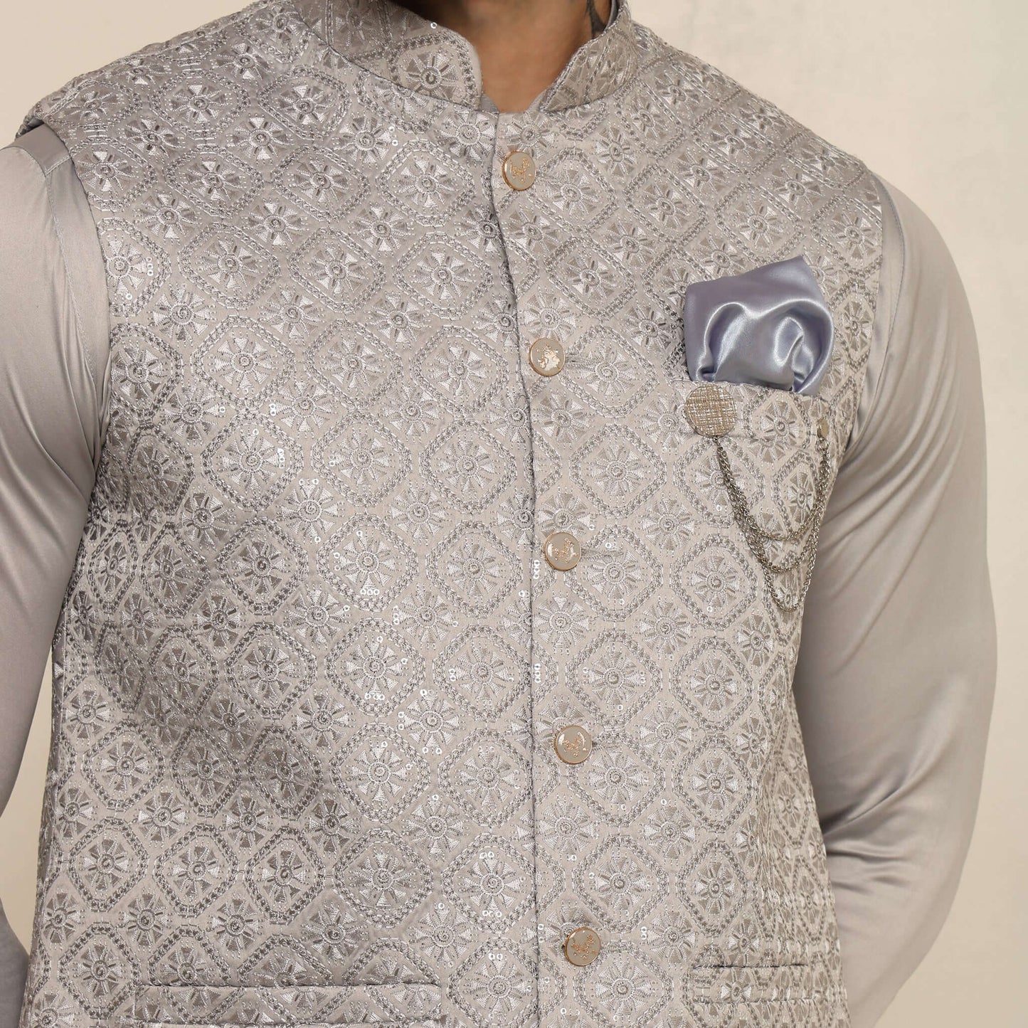 Silver Circular Embroidered Sequins Kurta Koti Set for Men