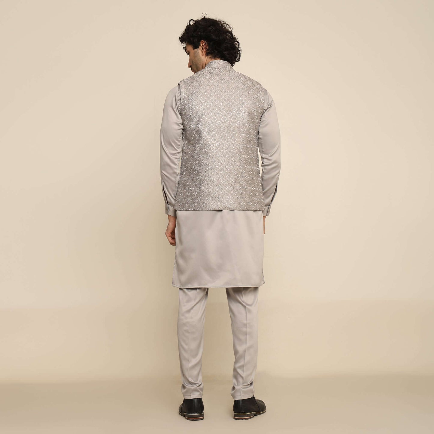 Silver Circular Embroidered Sequins Kurta Koti Set for Men