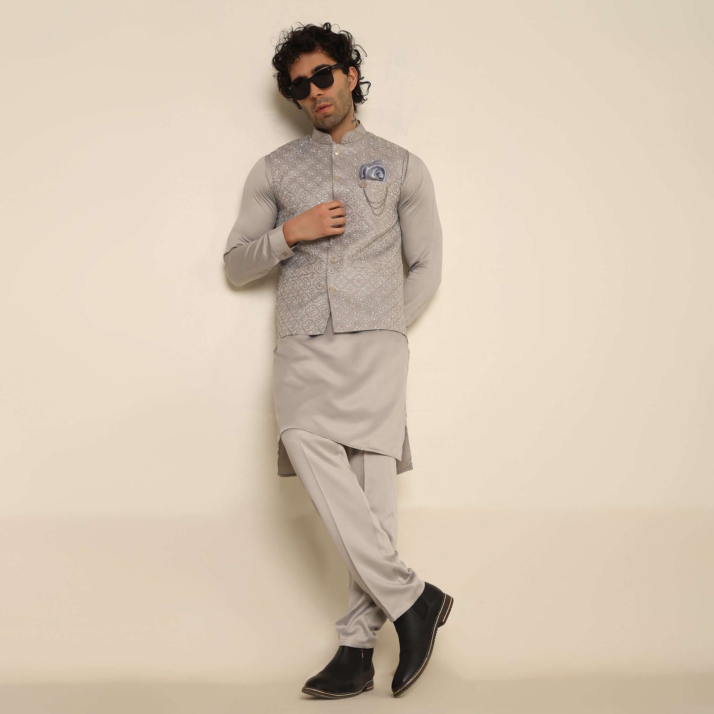 Silver Circular Embroidered Sequins Kurta Koti Set for Men