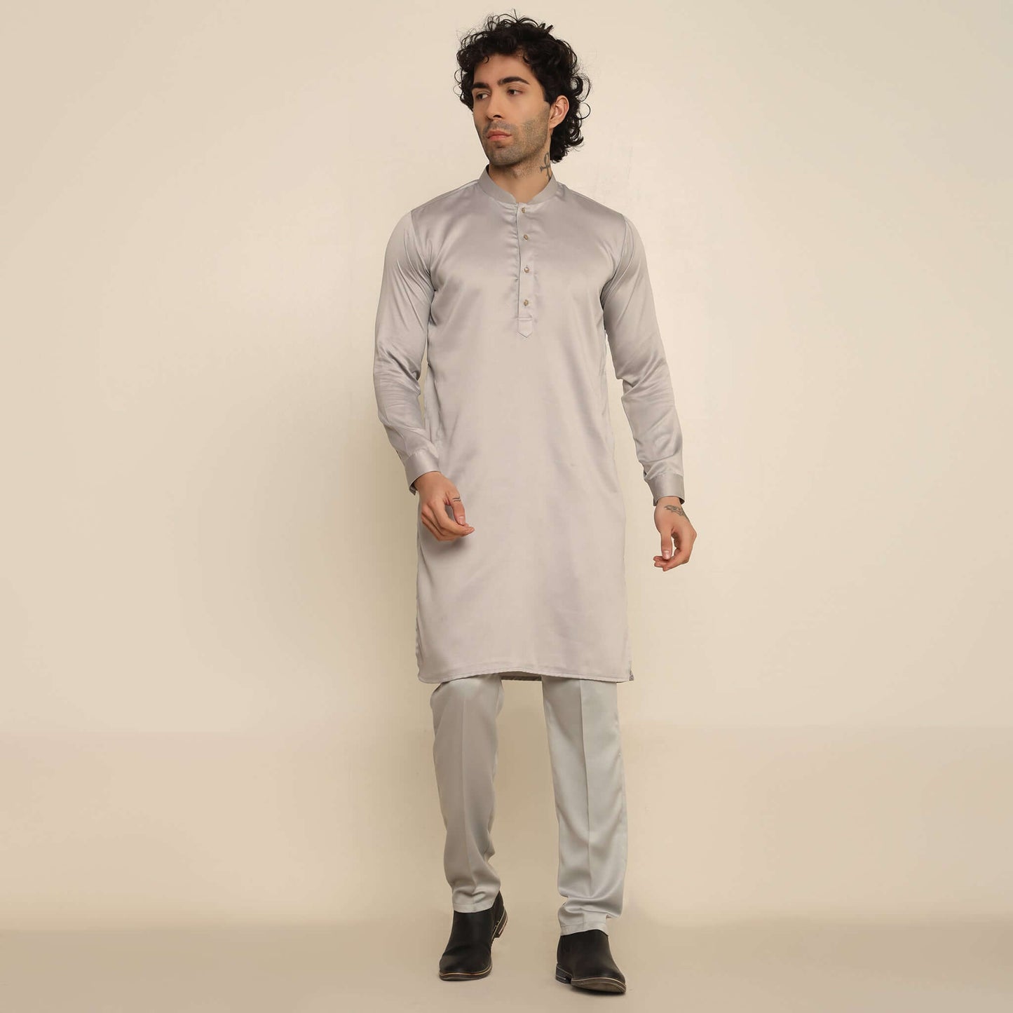 Silver Sequence Geo Embroidered Kurta Koti Set for Men