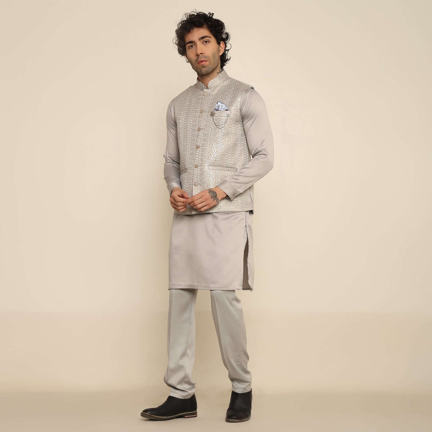 Silver Sequence Geo Embroidered Kurta Koti Set for Men