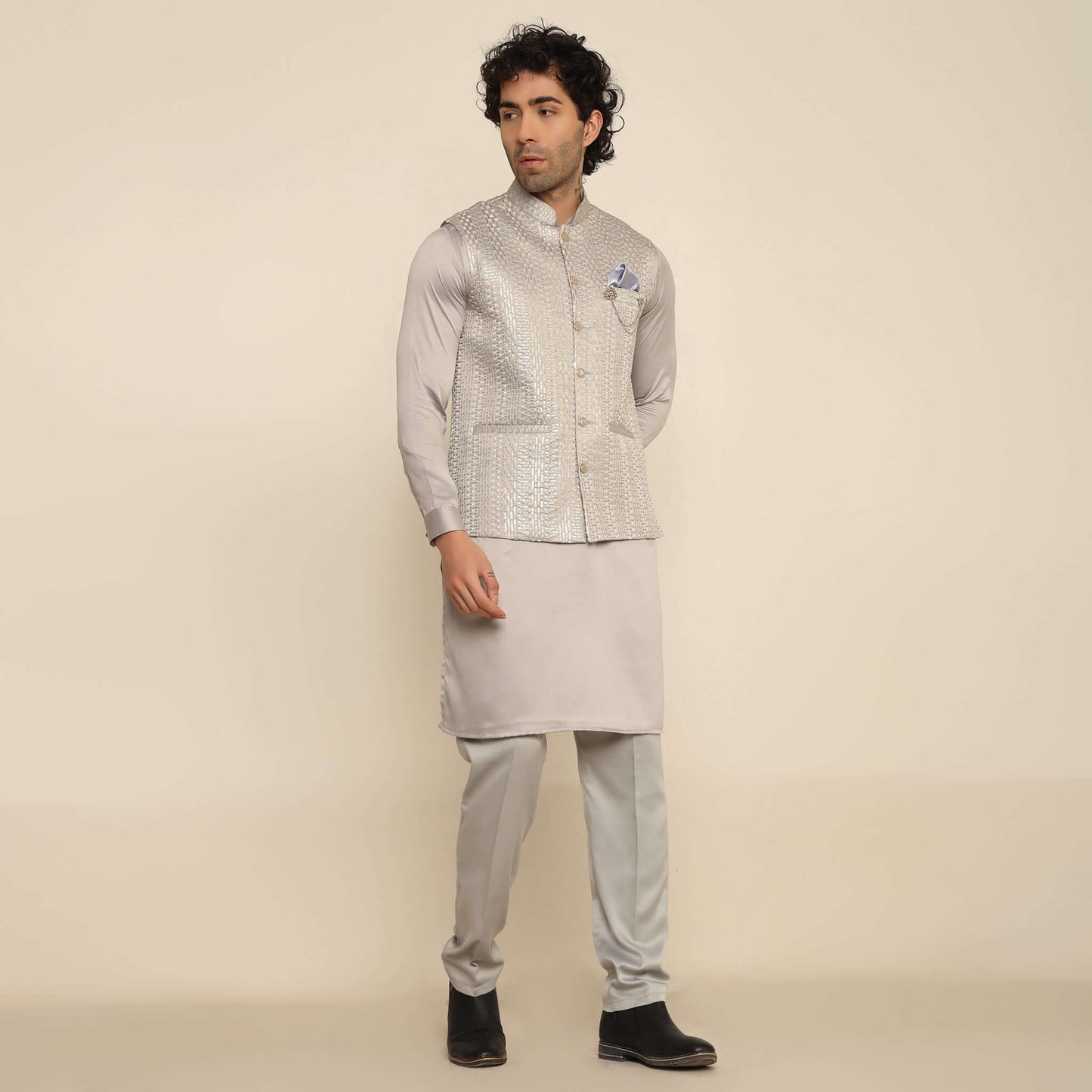 Silver Sequence Geo Embroidered Kurta Koti Set for Men