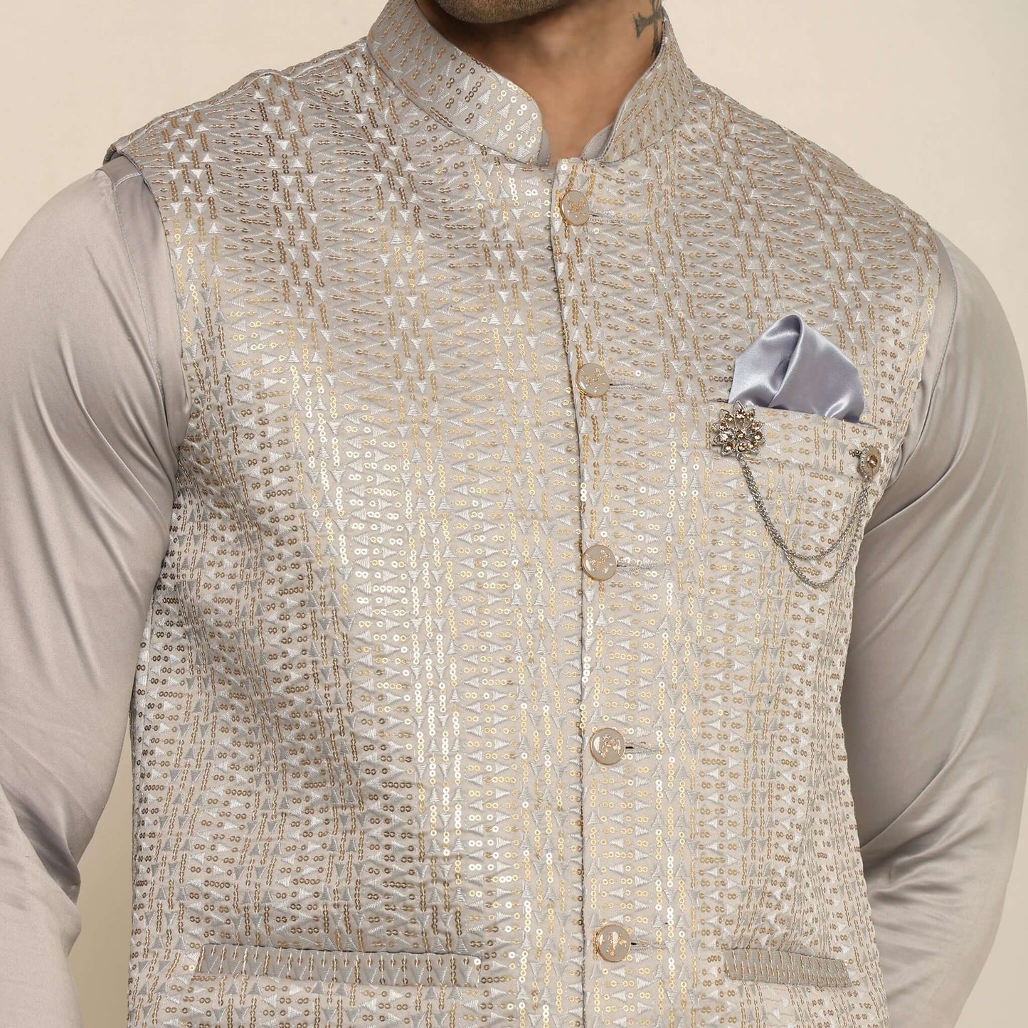 Silver Sequence Geo Embroidered Kurta Koti Set for Men