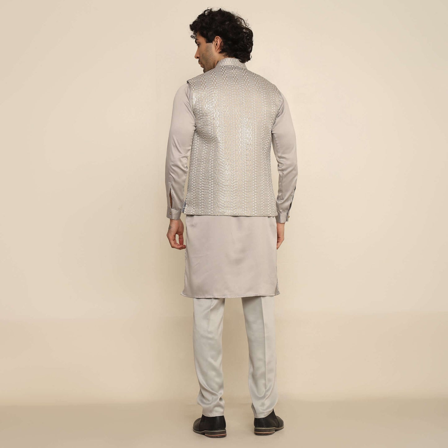 Silver Sequence Geo Embroidered Kurta Koti Set for Men