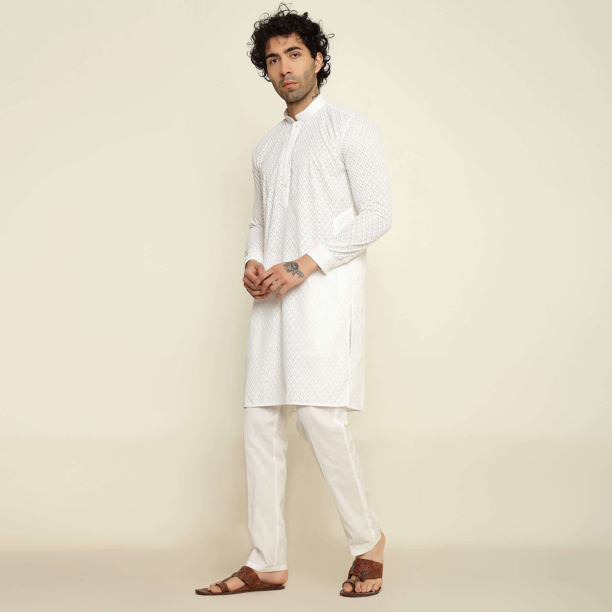 NAQSH White Chikankari Kurta for Men which has chikankari embroidery. Perfect mens white wedding kurta for male by Crease India.