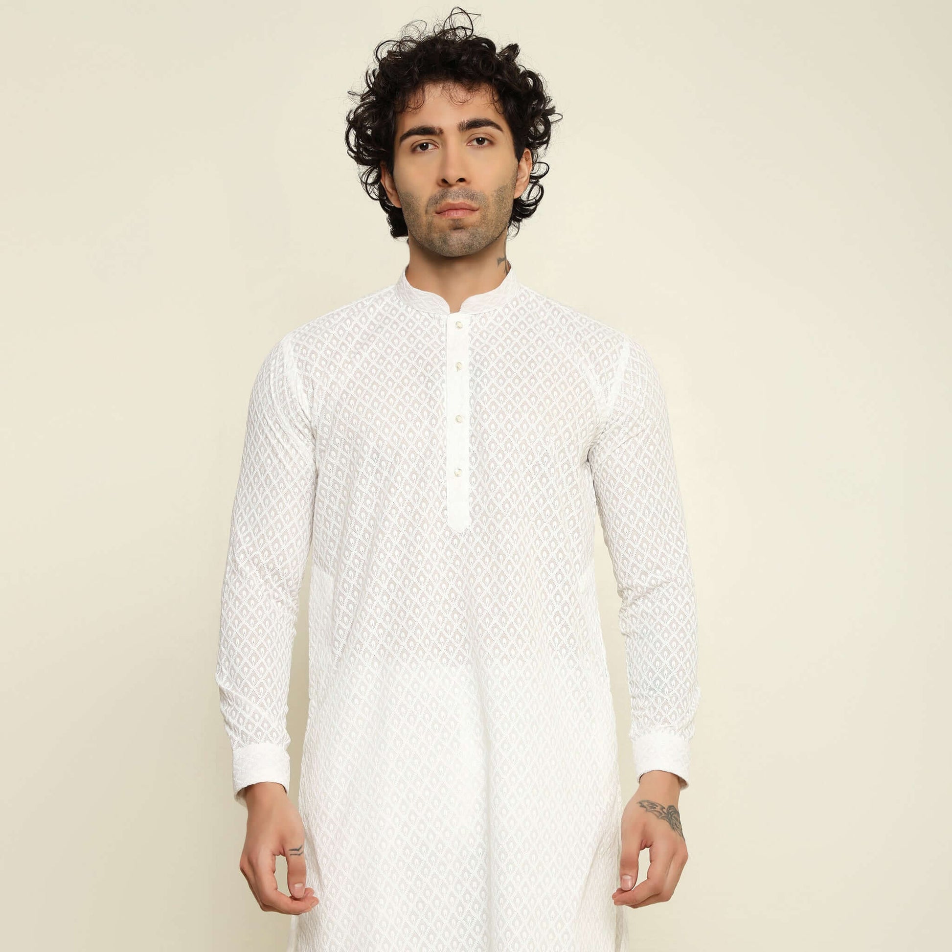 NAQSH White Chikankari Kurta for Men which has chikankari embroidery. Perfect mens white wedding kurta for male by Crease India.