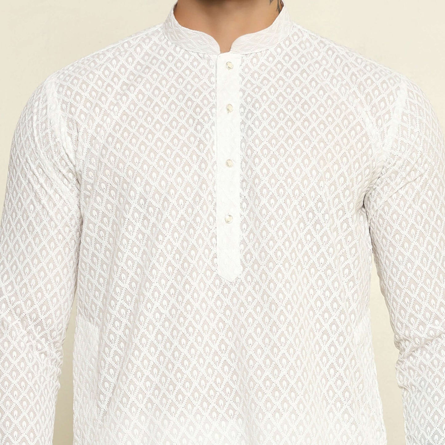 NAQSH White Chikankari Kurta for Men which has chikankari embroidery. Perfect mens white wedding kurta for male by Crease India.