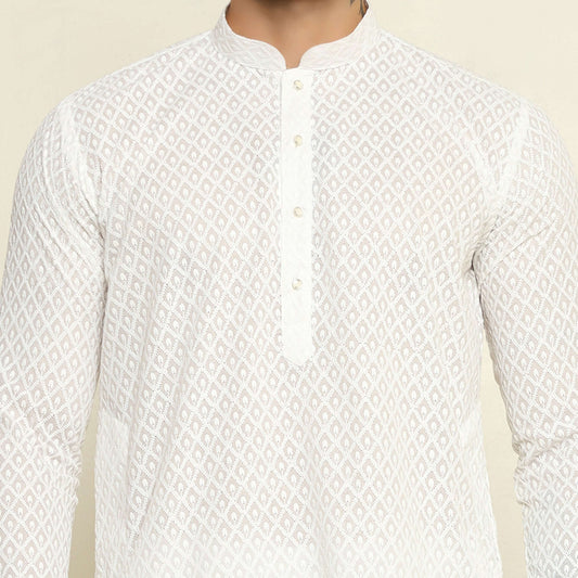 NAQSH White Chikankari Kurta for Men which has chikankari embroidery. Perfect mens white wedding kurta for male by Crease India.