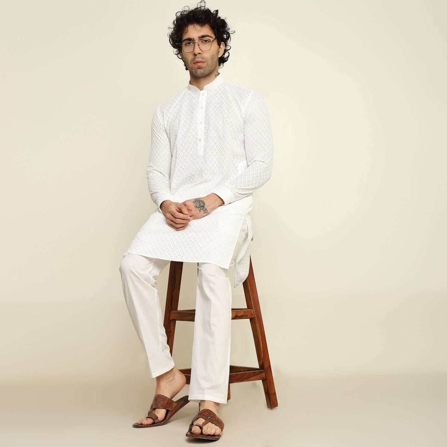 NAQSH White Chikankari Kurta for Men which has chikankari embroidery. Perfect mens white wedding kurta for male by Crease India.