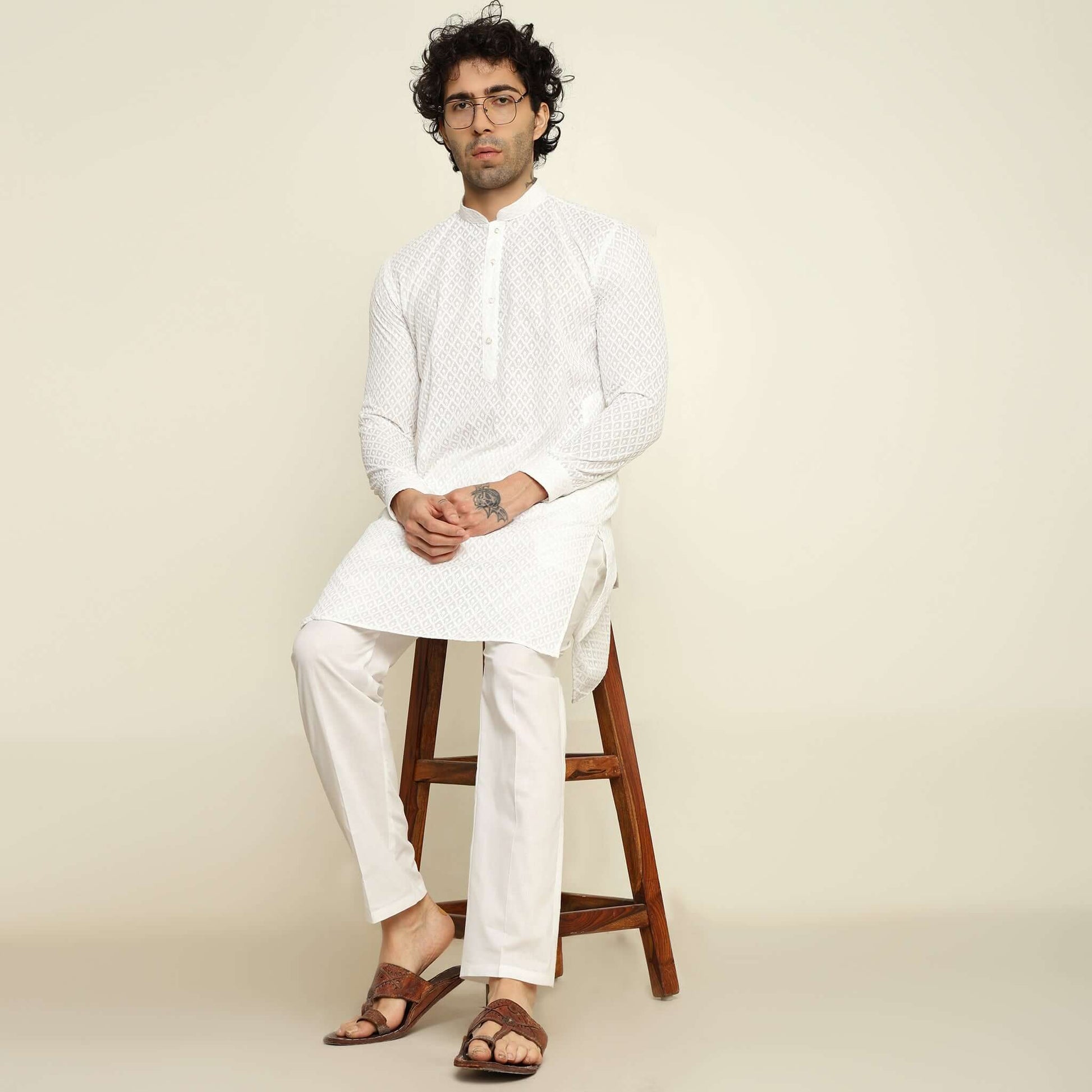 NAQSH White Chikankari Kurta for Men which has chikankari embroidery. Perfect mens white wedding kurta for male by Crease India.