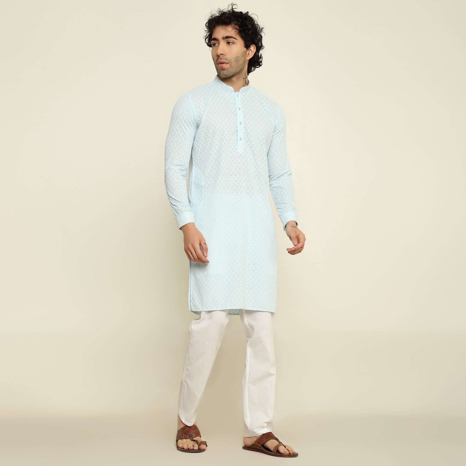 NAQSH Sky Blue Chikankari Kurta for Men which has chikankari embroidery. Perfect mens sky blue wedding kurta for male by Crease India.