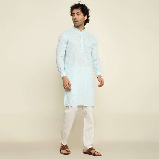 NAQSH Sky Blue Chikankari Kurta for Men which has chikankari embroidery. Perfect mens sky blue wedding kurta for male by Crease India.