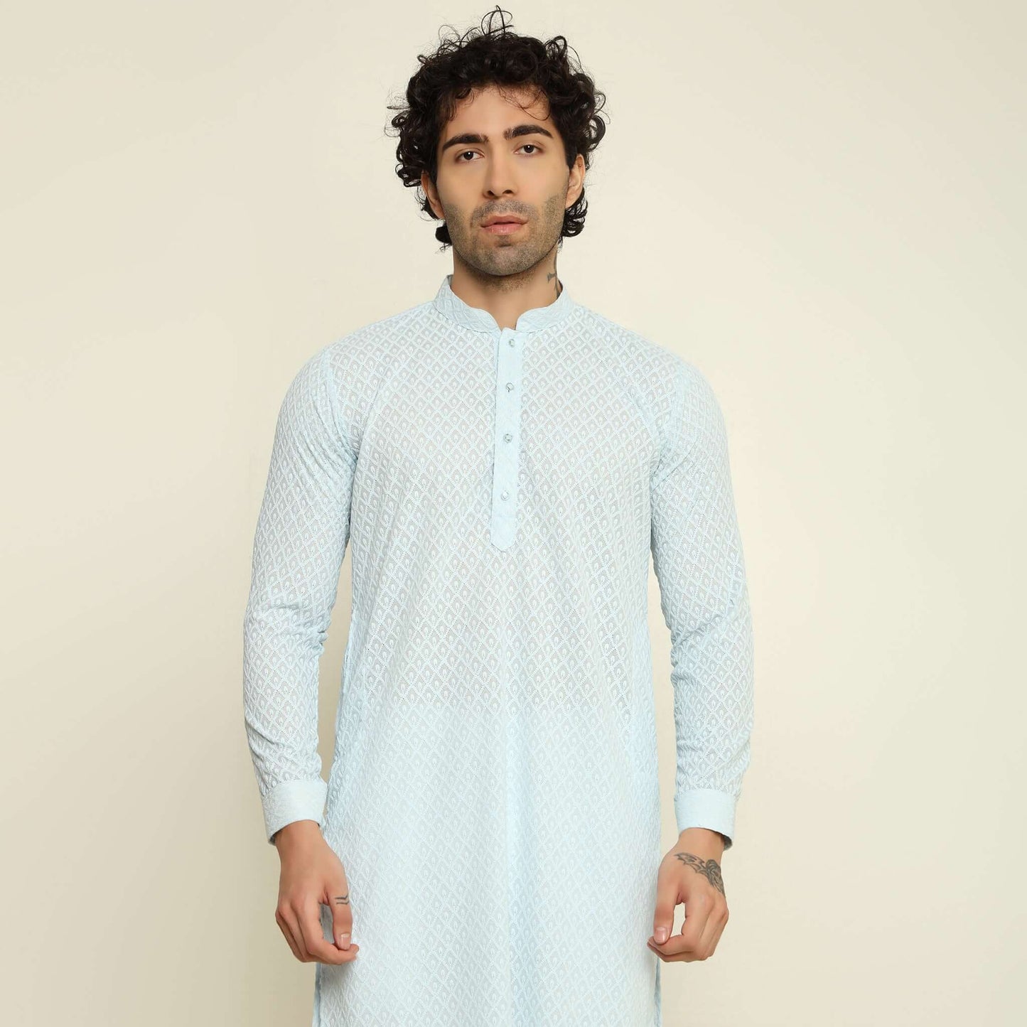 NAQSH Sky Blue Chikankari Kurta for Men which has chikankari embroidery. Perfect mens sky blue wedding kurta for male by Crease India.