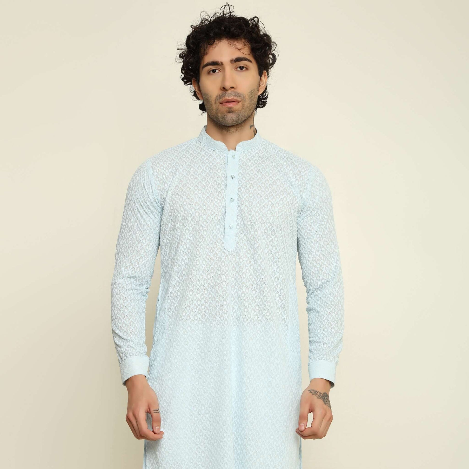 NAQSH Sky Blue Chikankari Kurta for Men which has chikankari embroidery. Perfect mens sky blue wedding kurta for male by Crease India.