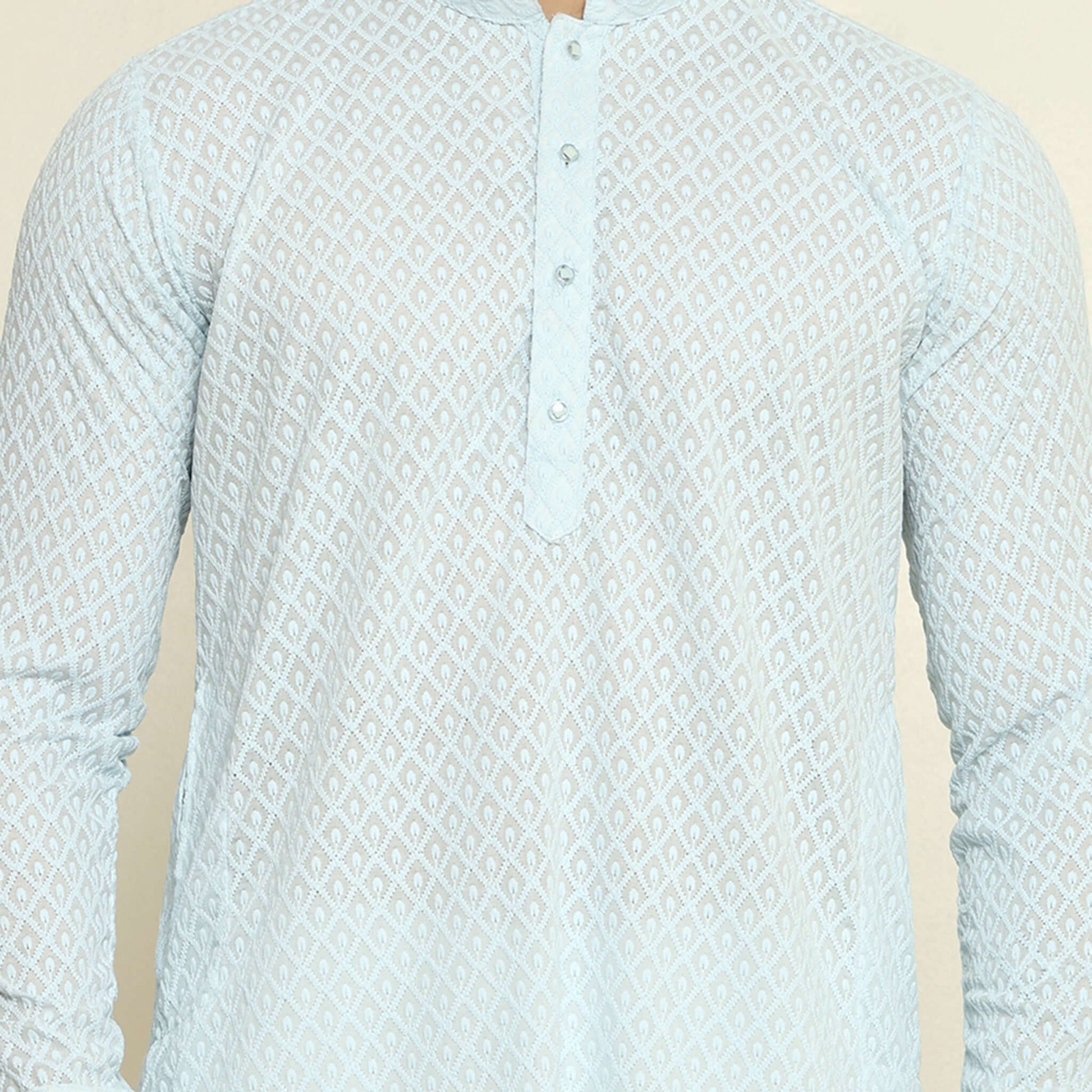 NAQSH Sky Blue Chikankari Kurta for Men which has chikankari embroidery. Perfect mens sky blue wedding kurta for male by Crease India.