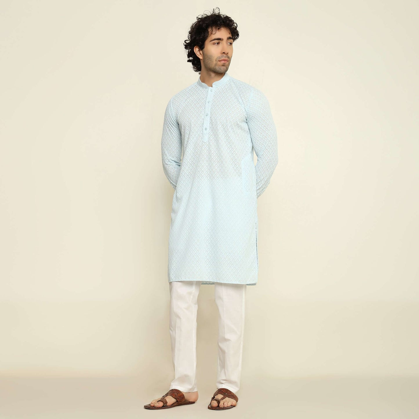 NAQSH Sky Blue Chikankari Kurta for Men which has chikankari embroidery. Perfect mens sky blue wedding kurta for male by Crease India.