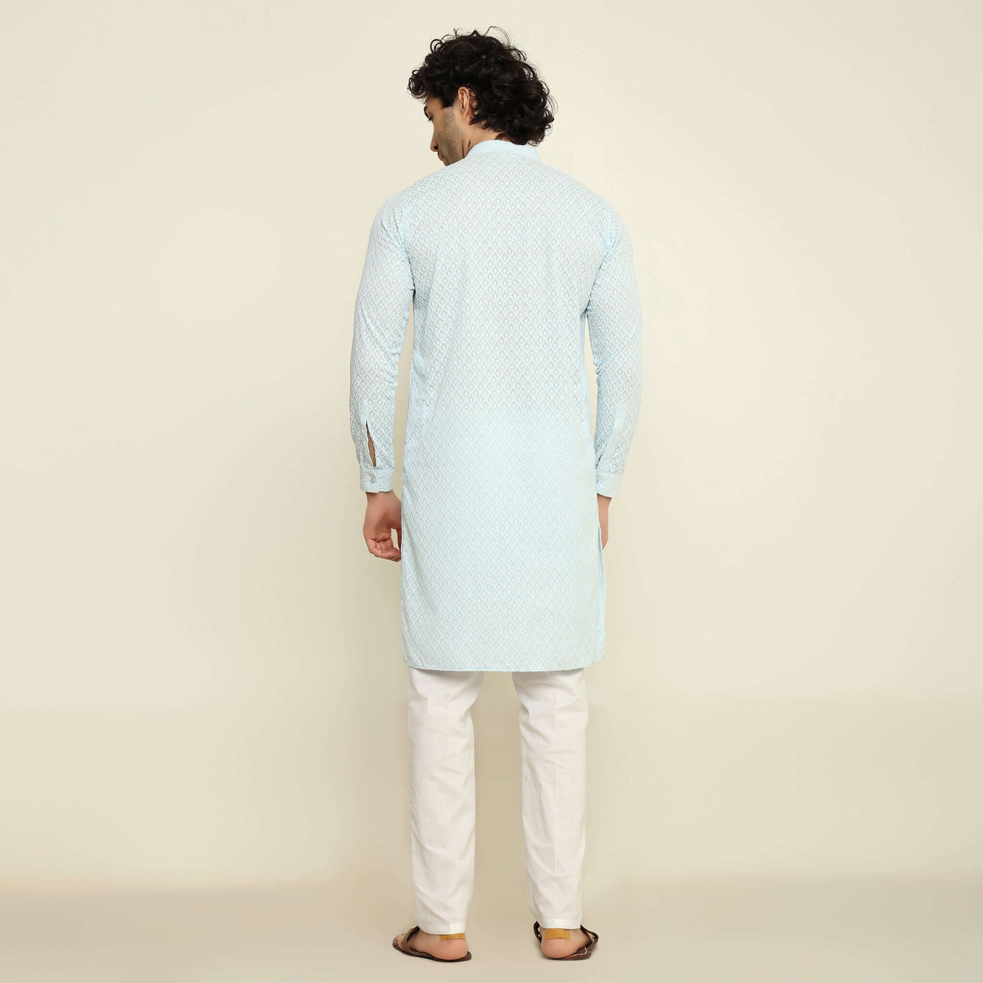 NAQSH Sky Blue Chikankari Kurta for Men which has chikankari embroidery. Perfect mens sky blue wedding kurta for male by Crease India.