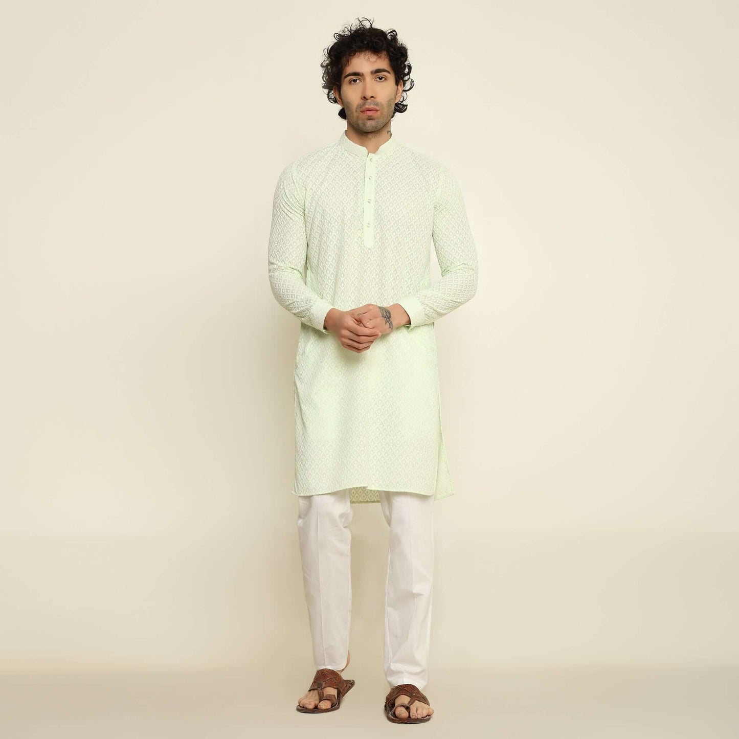 NAQSH Mint Green Chikankari Kurta for Men which has chikankari embroidery. Perfect mens mint green wedding kurta for male by Crease India.