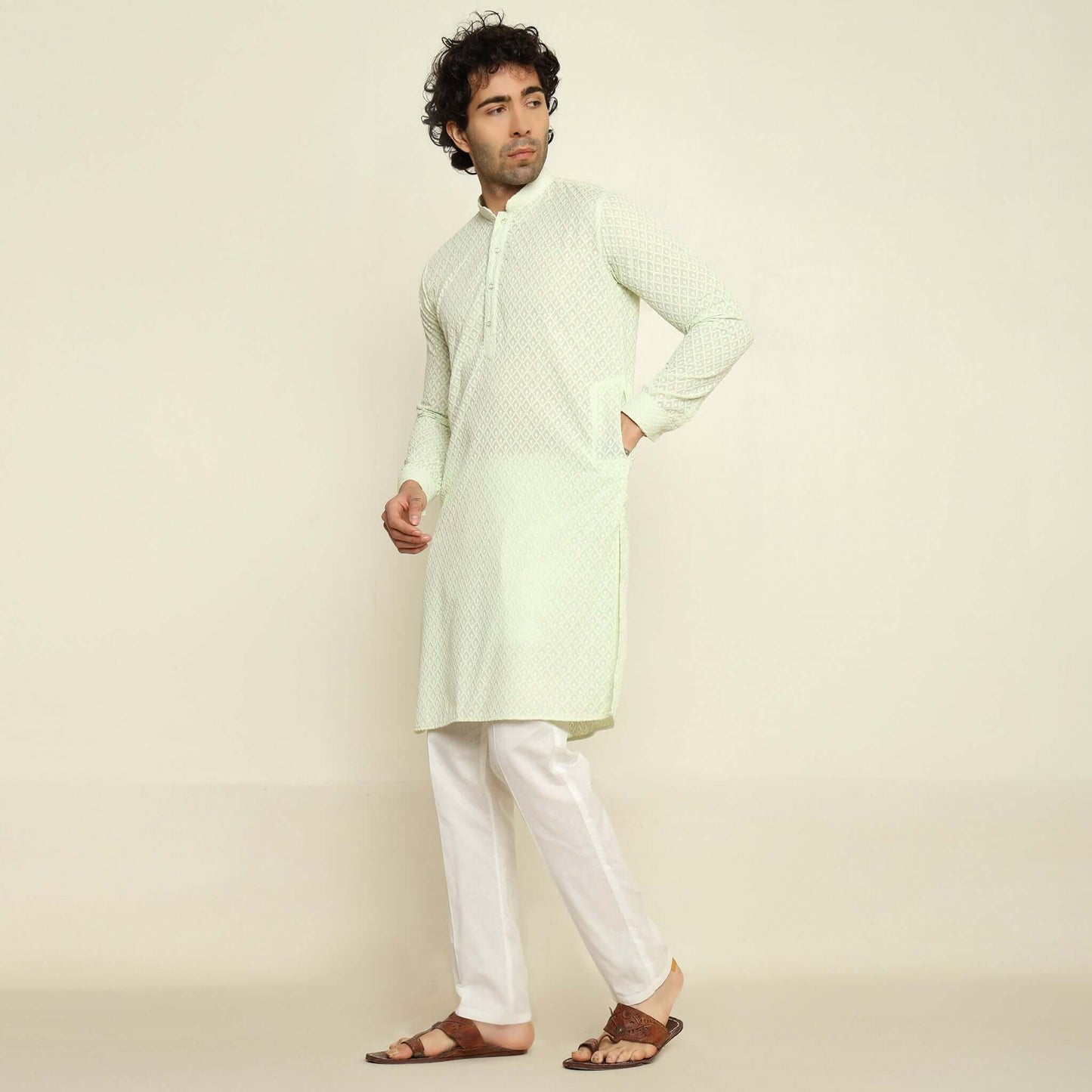 NAQSH Mint Green Chikankari Kurta for Men which has chikankari embroidery. Perfect mens mint green wedding kurta for male by Crease India.