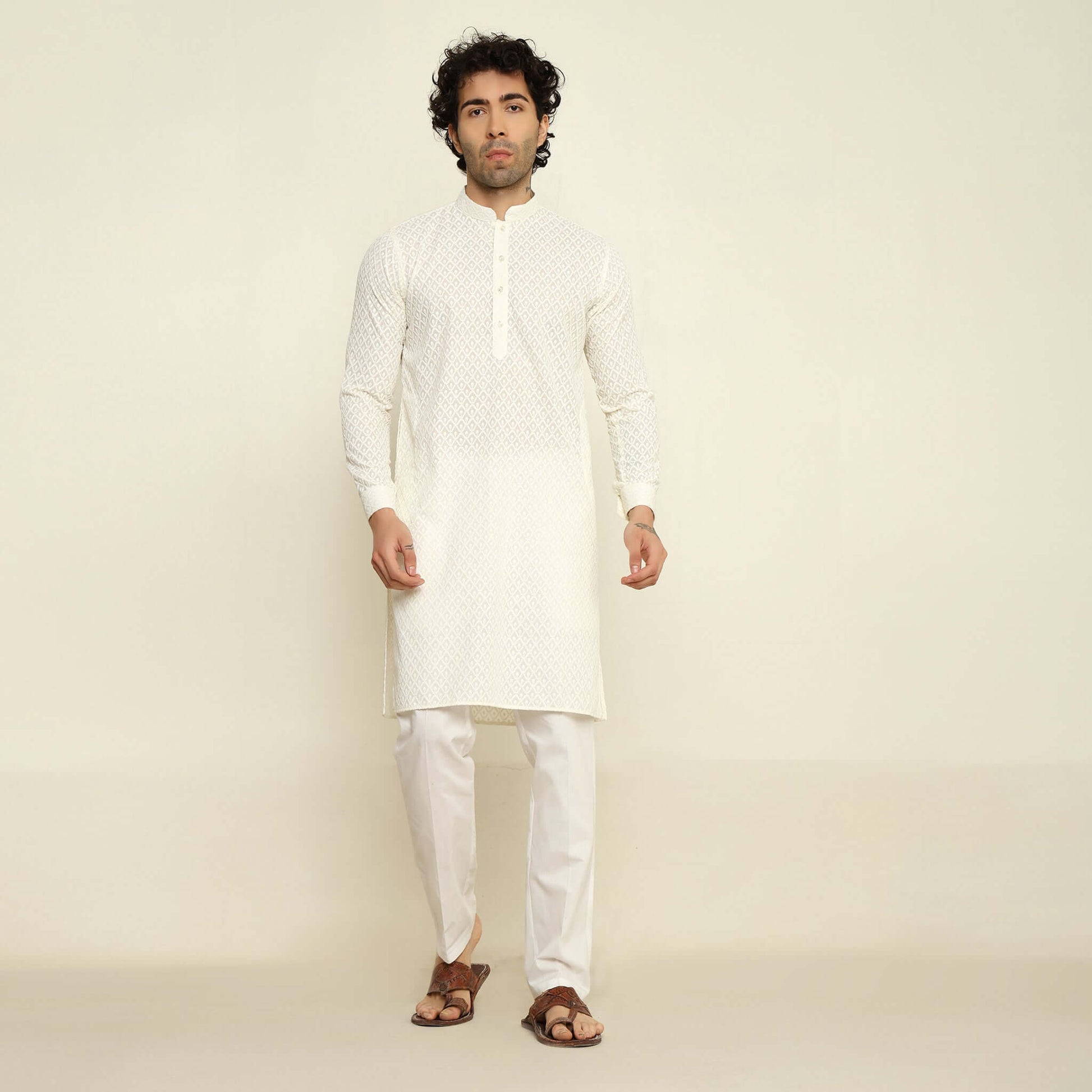 NAQSH Cream Chikankari Kurta for Men which has chikankari embroidery. Perfect mens cream wedding kurta for male by Crease India.