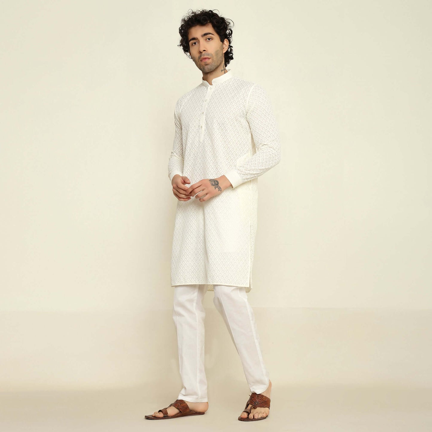 NAQSH Cream Chikankari Kurta for Men which has chikankari embroidery. Perfect mens cream wedding kurta for male by Crease India.