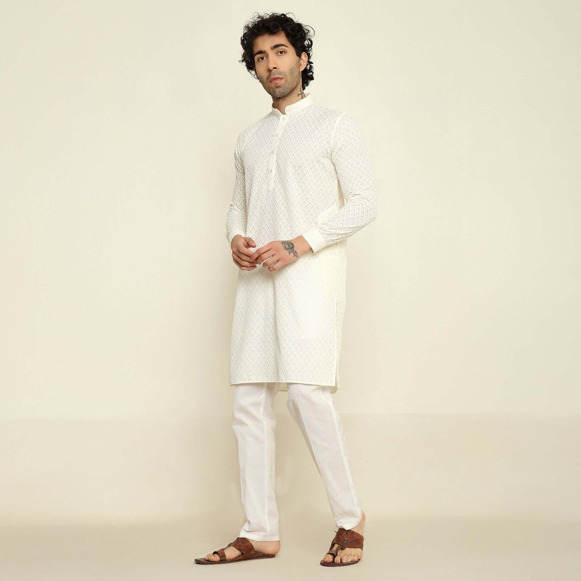 NAQSH Cream Chikankari Kurta for Men which has chikankari embroidery. Perfect mens cream wedding kurta for male by Crease India.