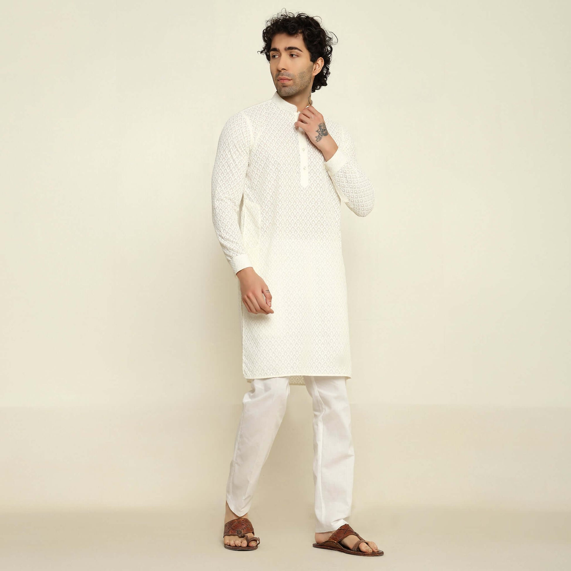NAQSH Cream Chikankari Kurta for Men which has chikankari embroidery. Perfect mens cream wedding kurta for male by Crease India.