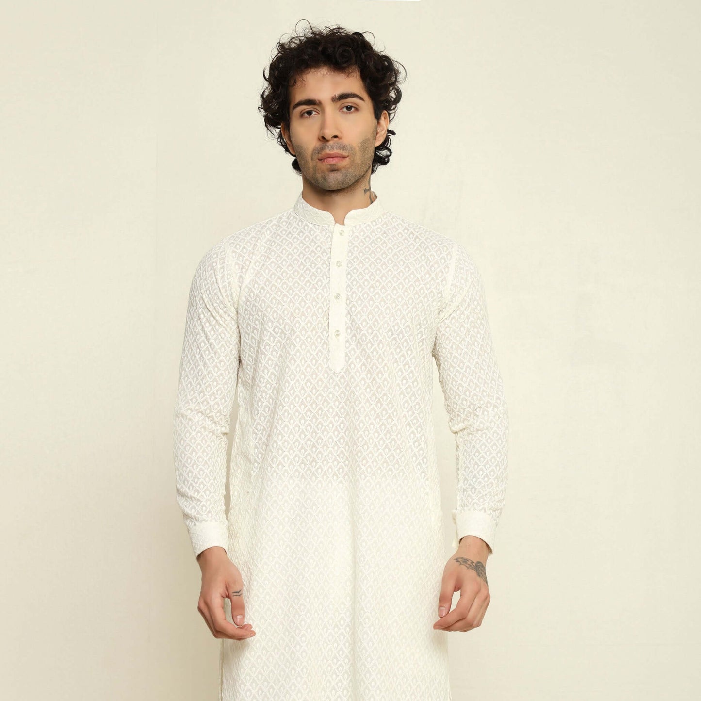 NAQSH Cream Chikankari Kurta for Men which has chikankari embroidery. Perfect mens cream wedding kurta for male by Crease India.