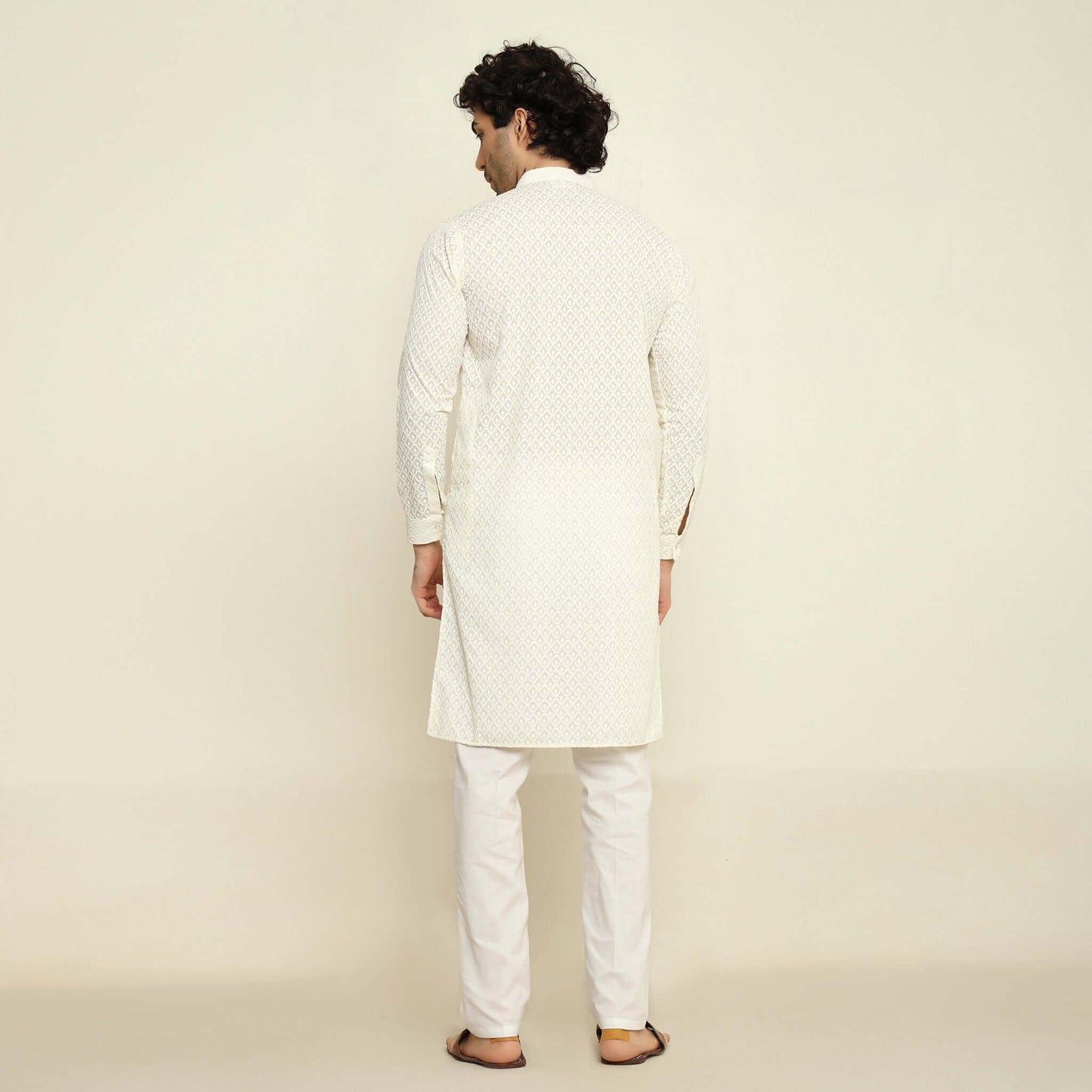 NAQSH Cream Chikankari Kurta for Men which has chikankari embroidery. Perfect mens cream wedding kurta for male by Crease India.