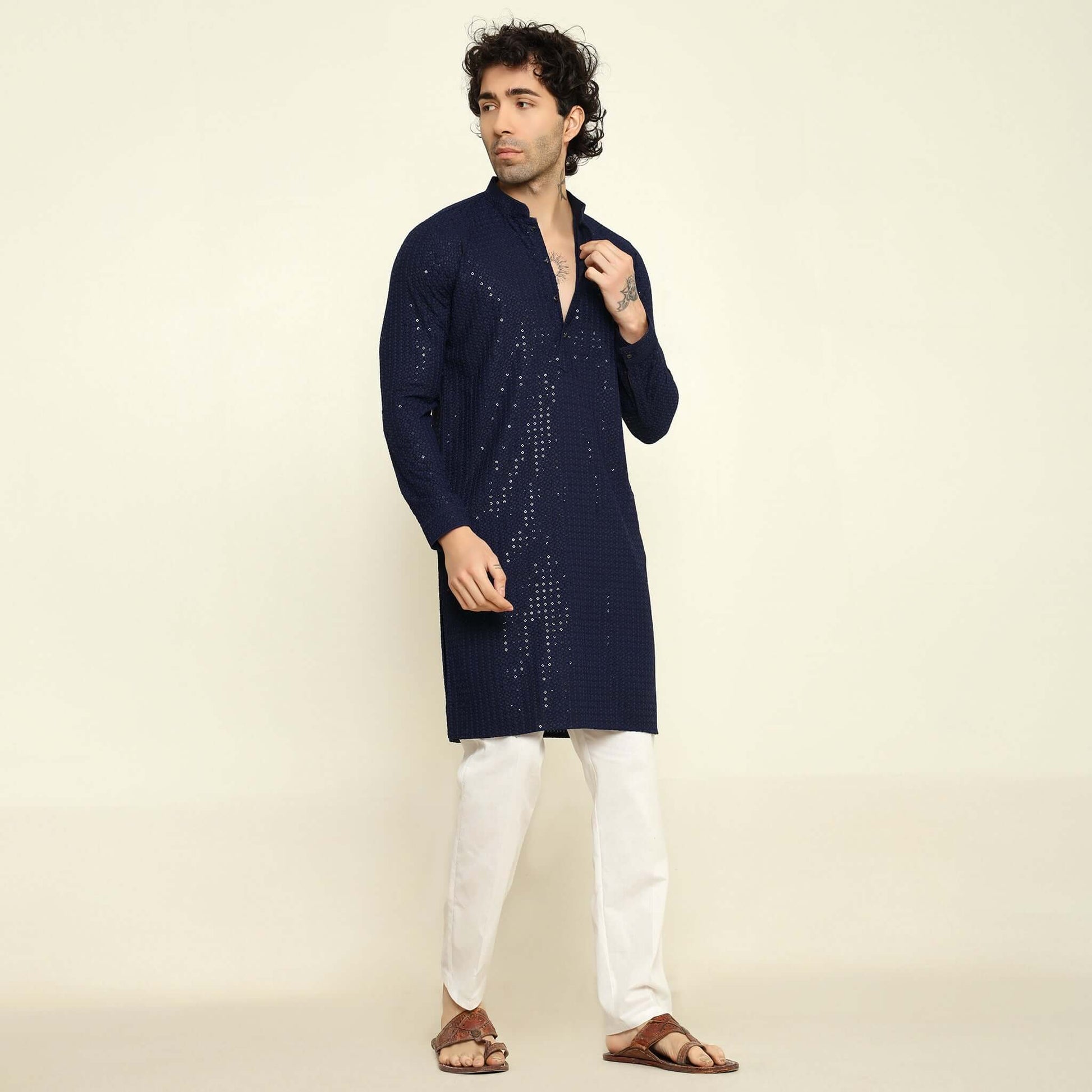 NAQSH Blue Sequin Embellished Chikankari Kurta for Men which has chikankari and sequins embellishments. Perfect mens blue wedding kurta for male by Crease India.