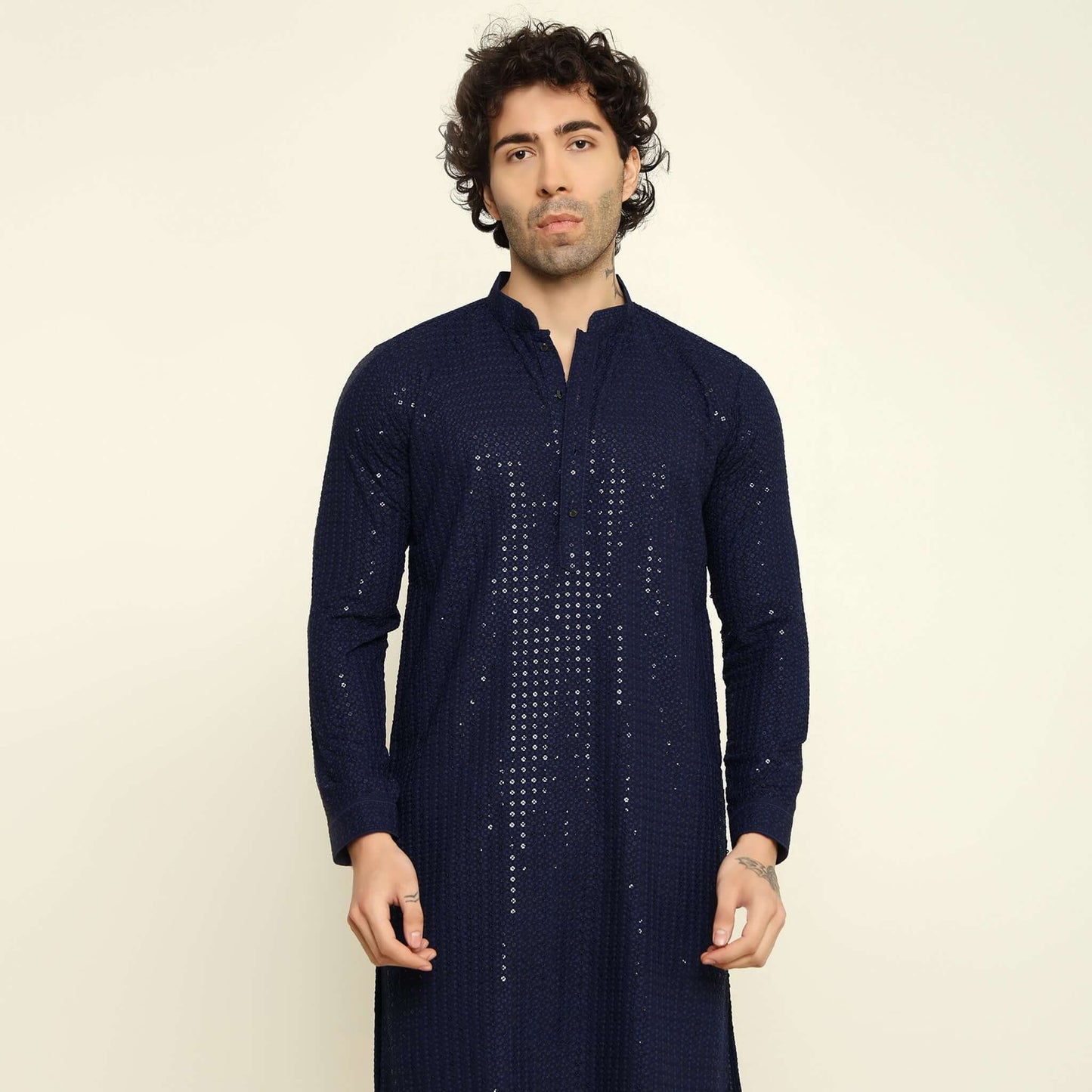 NAQSH Blue Sequin Embellished Chikankari Kurta for Men which has chikankari and sequins embellishments. Perfect mens blue wedding kurta for male by Crease India.