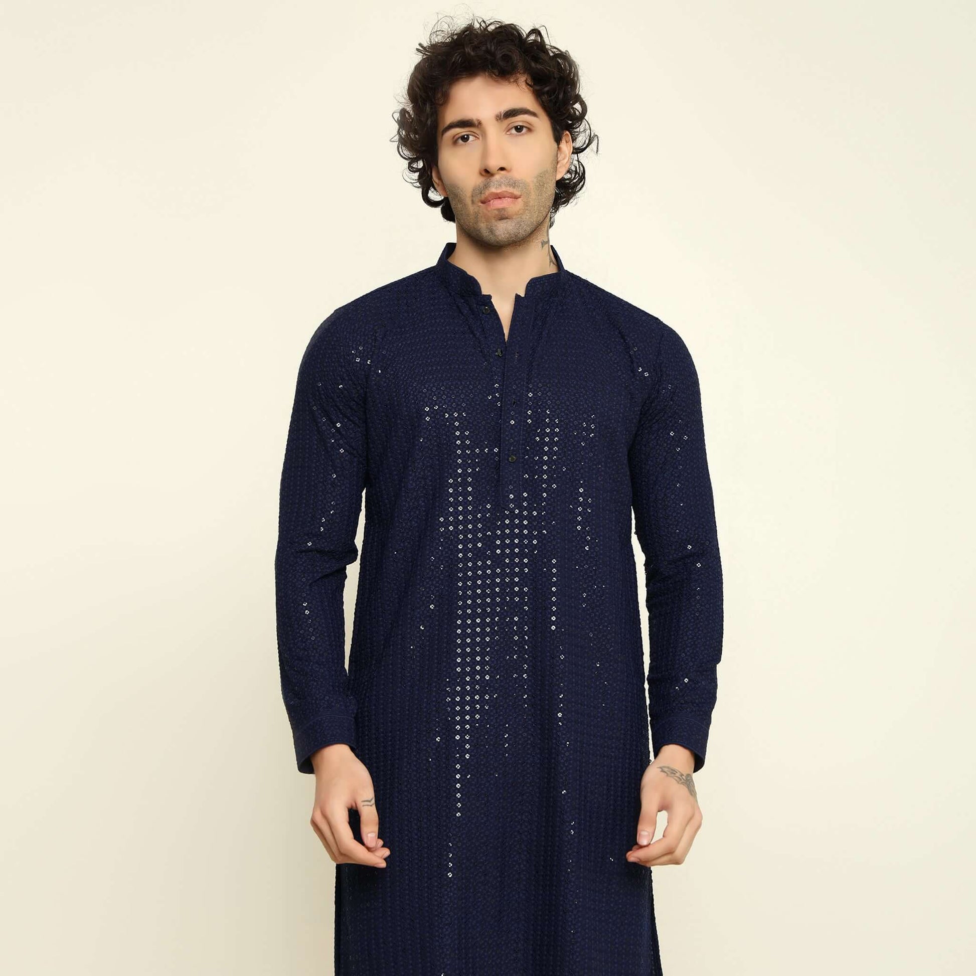 NAQSH Blue Sequin Embellished Chikankari Kurta for Men which has chikankari and sequins embellishments. Perfect mens blue wedding kurta for male by Crease India.