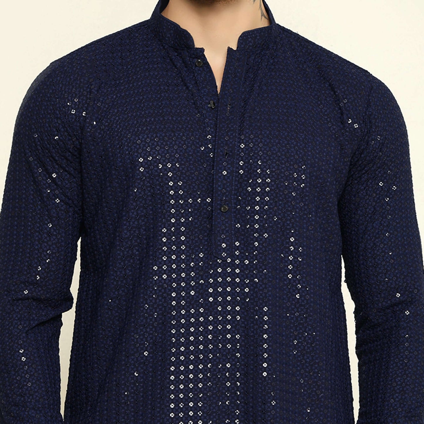NAQSH Blue Sequin Embellished Chikankari Kurta for Men which has chikankari and sequins embellishments. Perfect mens blue wedding kurta for male by Crease India.