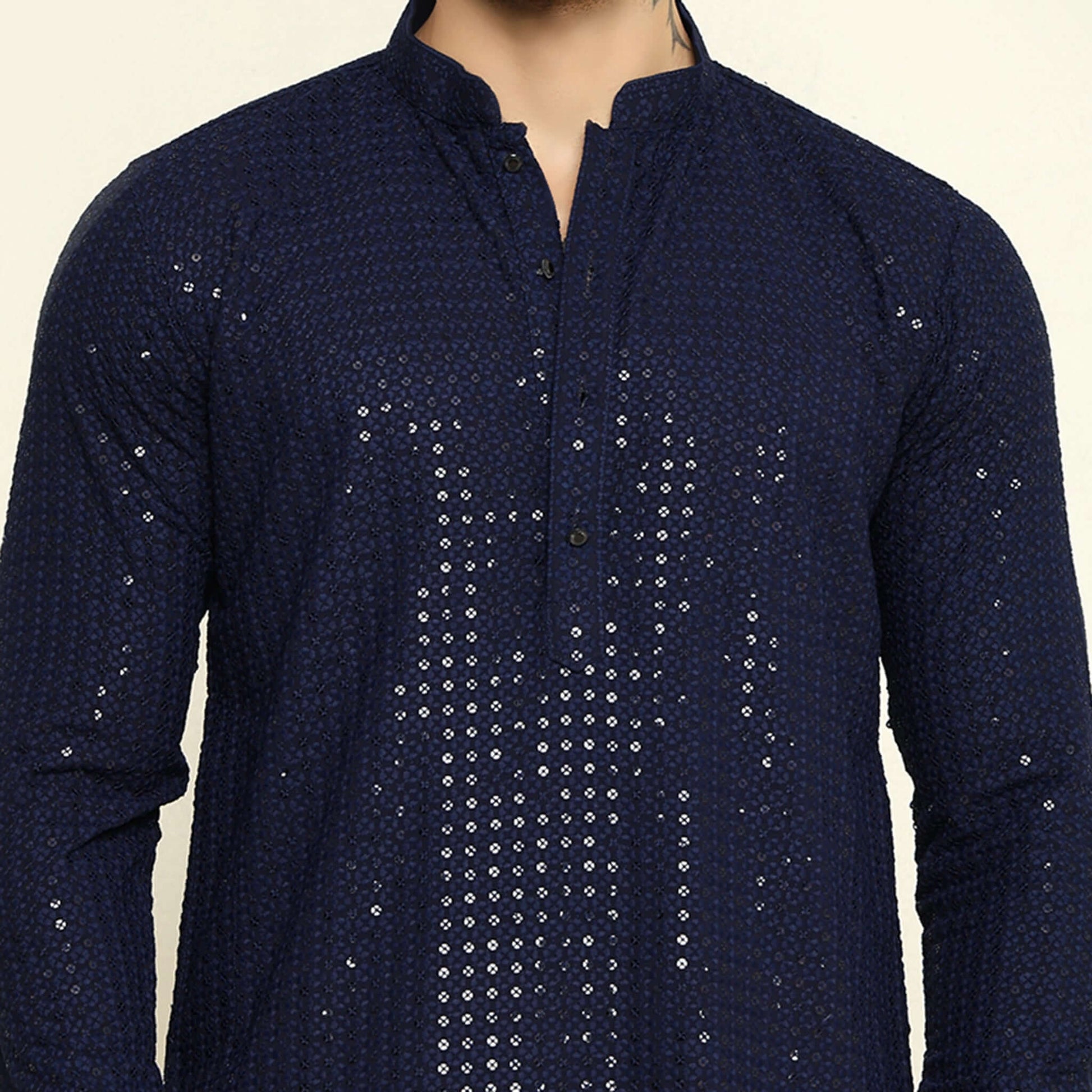 NAQSH Blue Sequin Embellished Chikankari Kurta for Men which has chikankari and sequins embellishments. Perfect mens blue wedding kurta for male by Crease India.