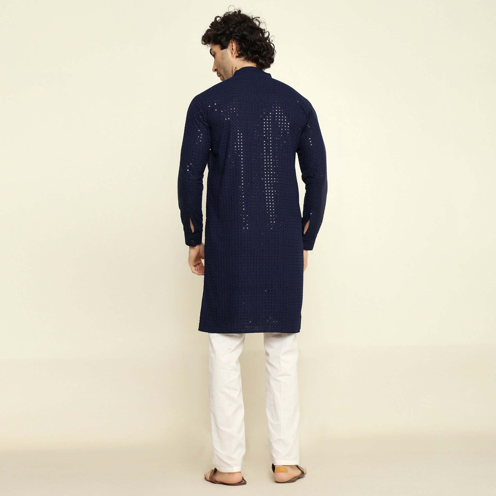 NAQSH Blue Sequin Embellished Chikankari Kurta for Men which has chikankari and sequins embellishments. Perfect mens blue wedding kurta for male by Crease India.