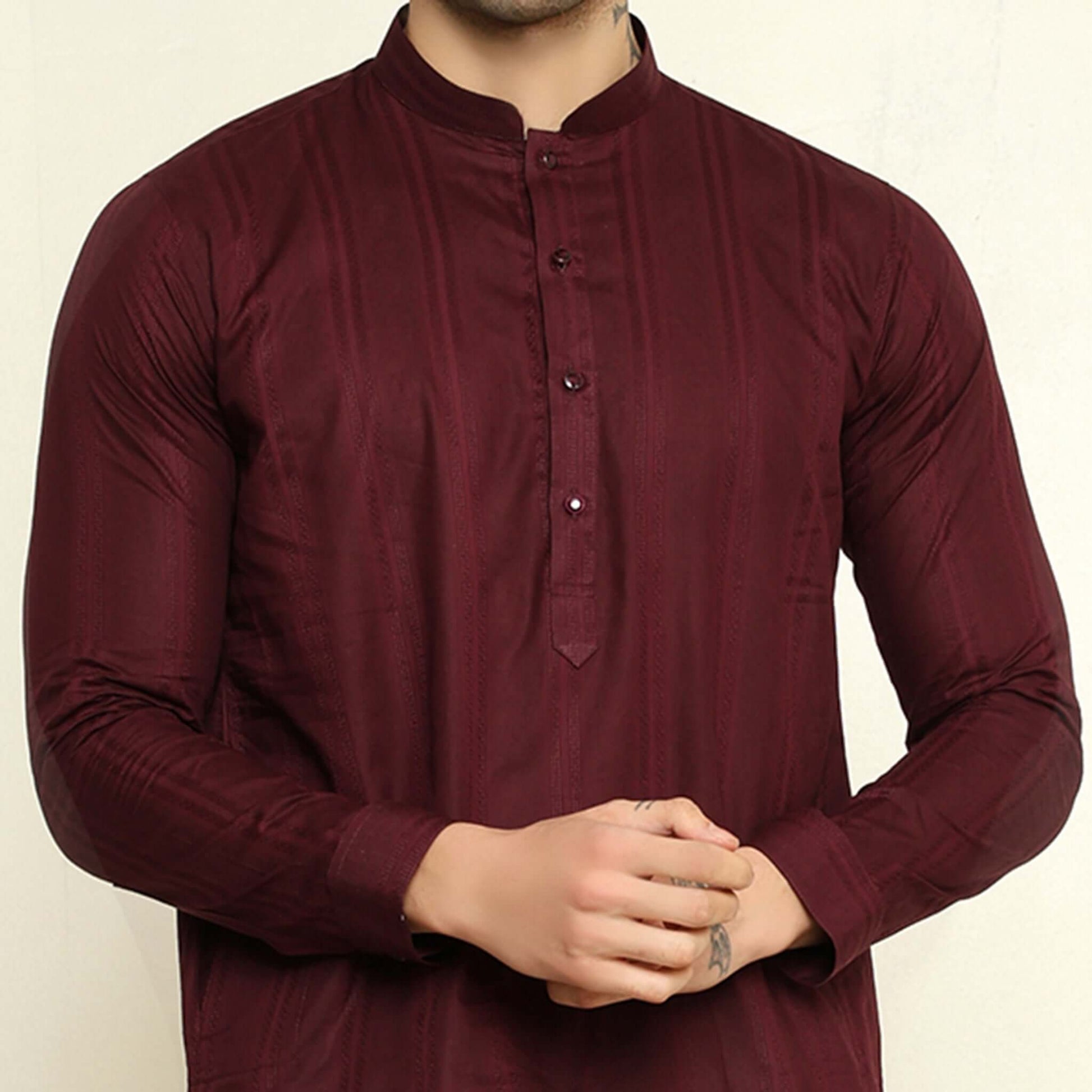 NAQSH Wine Jacquard Cotton Kurta Set for Men which has jacquard design. Perfect mens wine wedding kurta for male by Crease India.