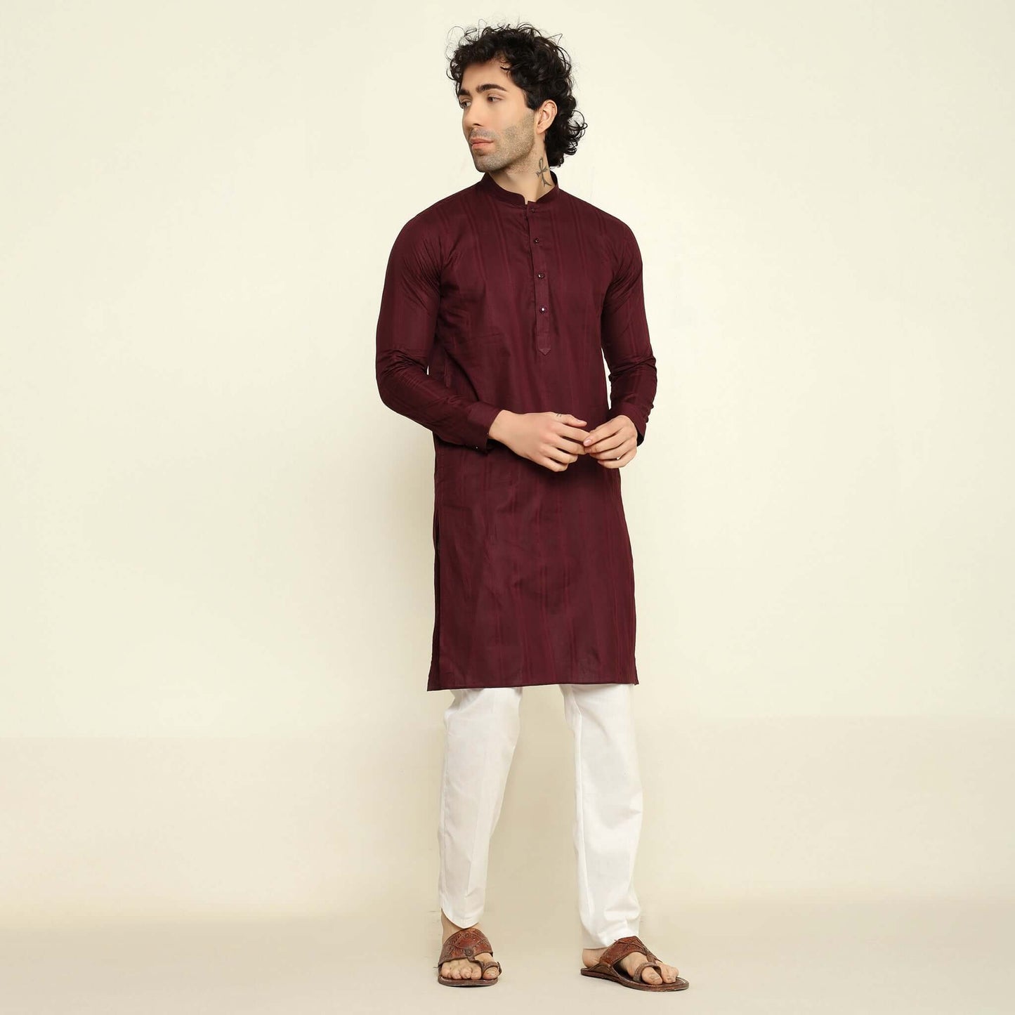 NAQSH Wine Jacquard Cotton Kurta Set for Men which has jacquard design. Perfect mens wine wedding kurta for male by Crease India.