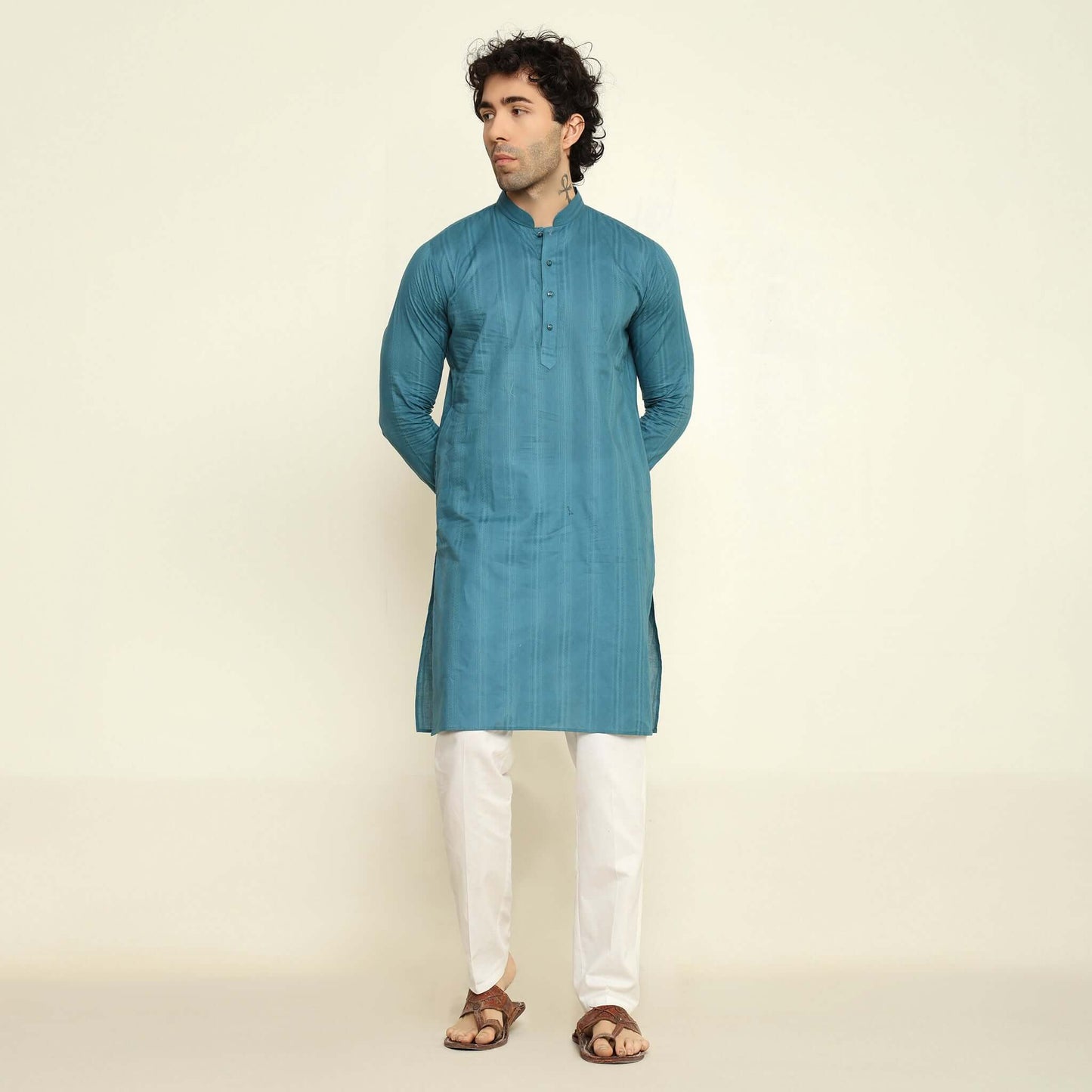 NAQSH Blue Jacquard Cotton Kurta Set for Men which has jacquard design. Perfect mens blue wedding kurta for male by Crease India.