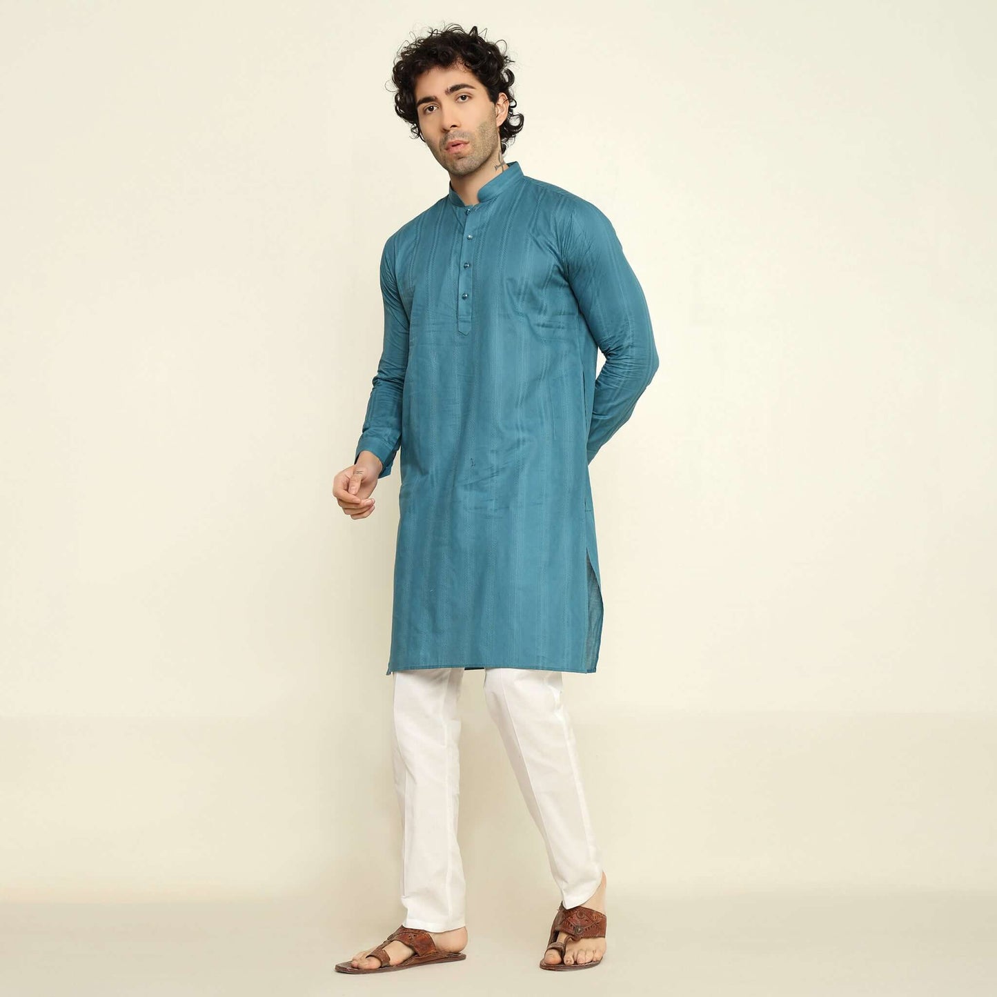 NAQSH Blue Jacquard Cotton Kurta Set for Men which has jacquard design. Perfect mens blue wedding kurta for male by Crease India.
