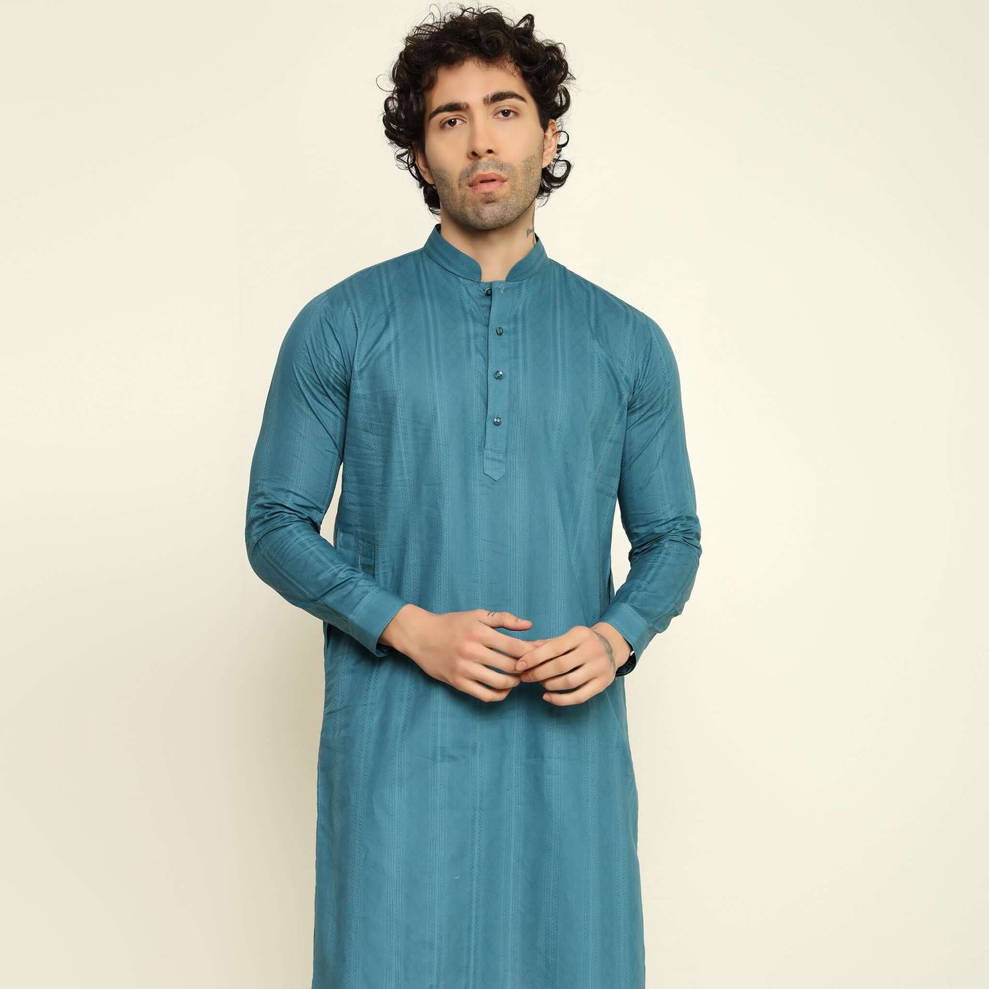 NAQSH Blue Jacquard Cotton Kurta Set for Men which has jacquard design. Perfect mens blue wedding kurta for male by Crease India.