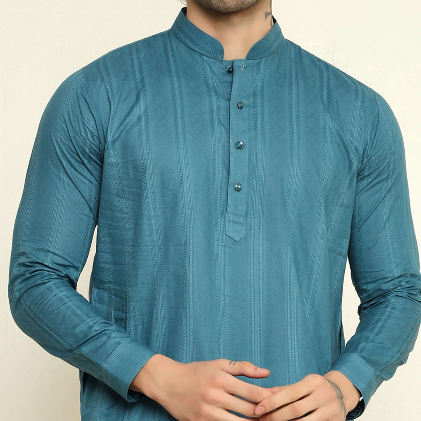 NAQSH Blue Jacquard Cotton Kurta Set for Men which has jacquard design. Perfect mens blue wedding kurta for male by Crease India.