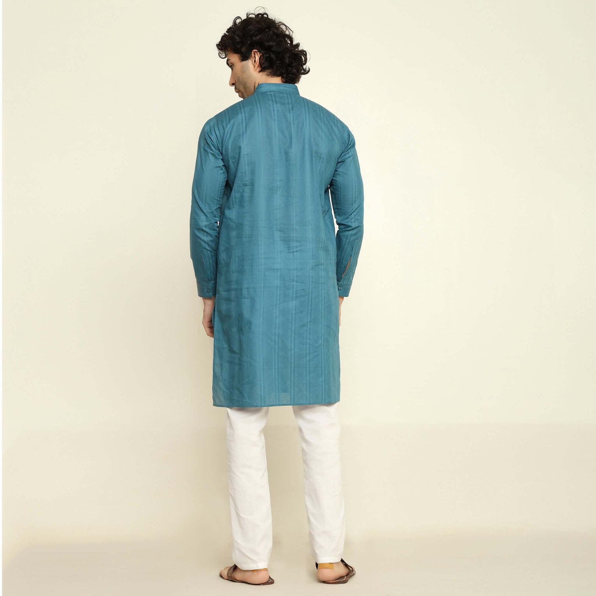 NAQSH Blue Jacquard Cotton Kurta Set for Men which has jacquard design. Perfect mens blue wedding kurta for male by Crease India.