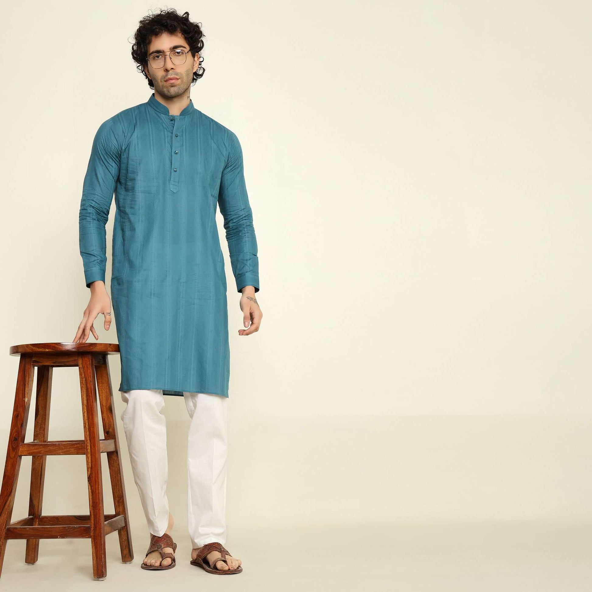 NAQSH Blue Jacquard Cotton Kurta Set for Men which has jacquard design. Perfect mens blue wedding kurta for male by Crease India.