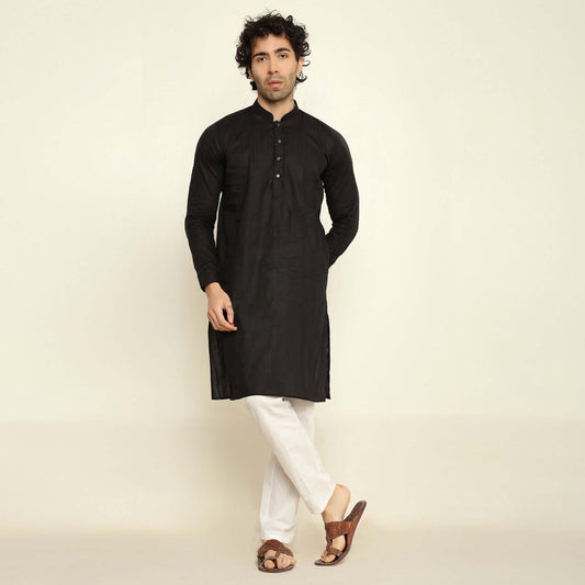 NAQSH Black Jacquard Cotton Kurta Set for Men which has jacquard design. Perfect mens black wedding kurta for male by Crease India.