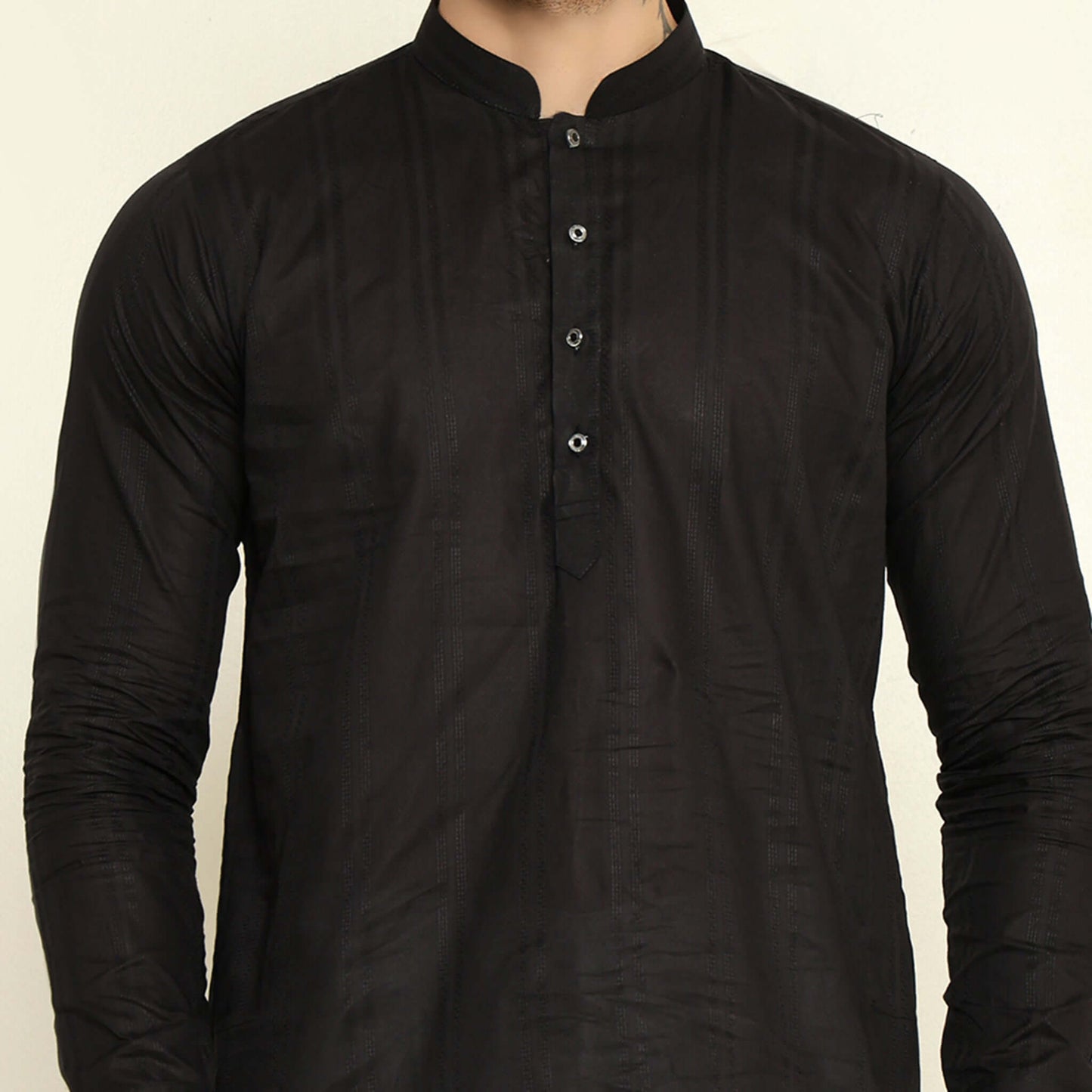 NAQSH Black Jacquard Cotton Kurta Set for Men which has jacquard design. Perfect mens black wedding kurta for male by Crease India.