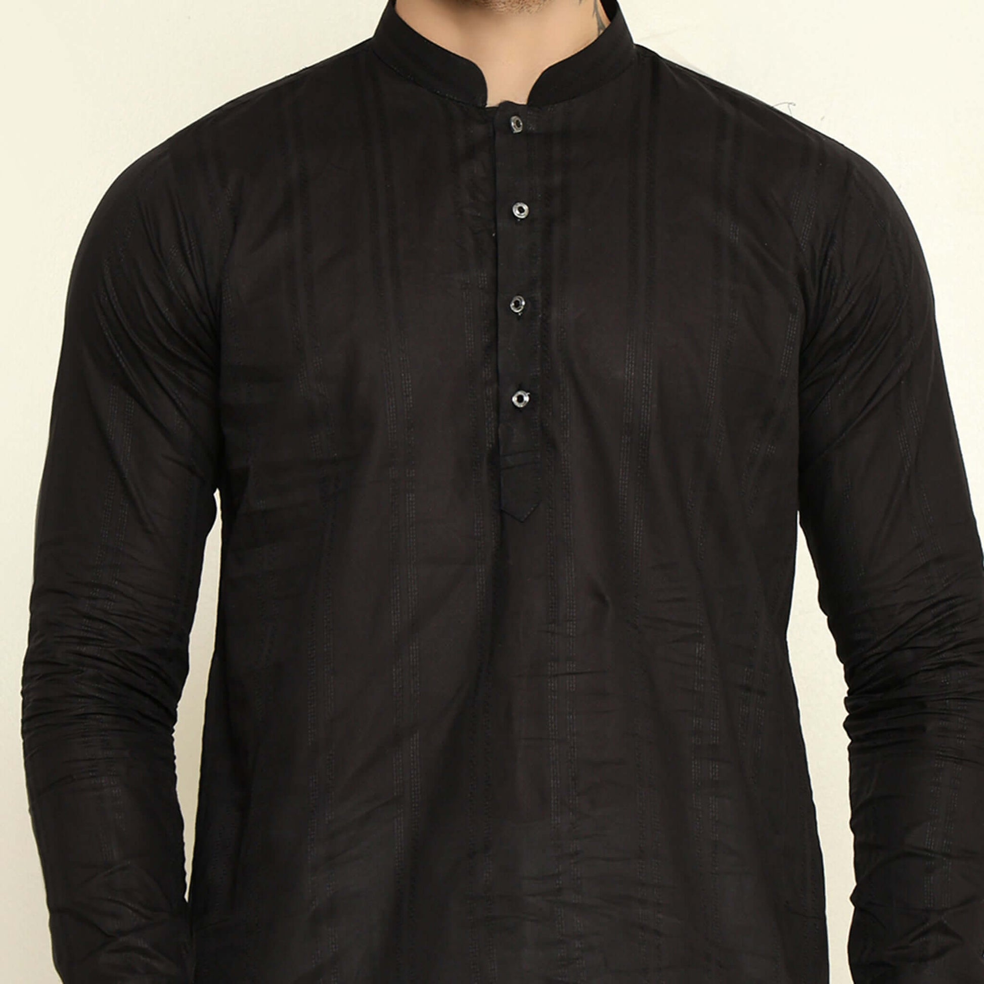 NAQSH Black Jacquard Cotton Kurta Set for Men which has jacquard design. Perfect mens black wedding kurta for male by Crease India.