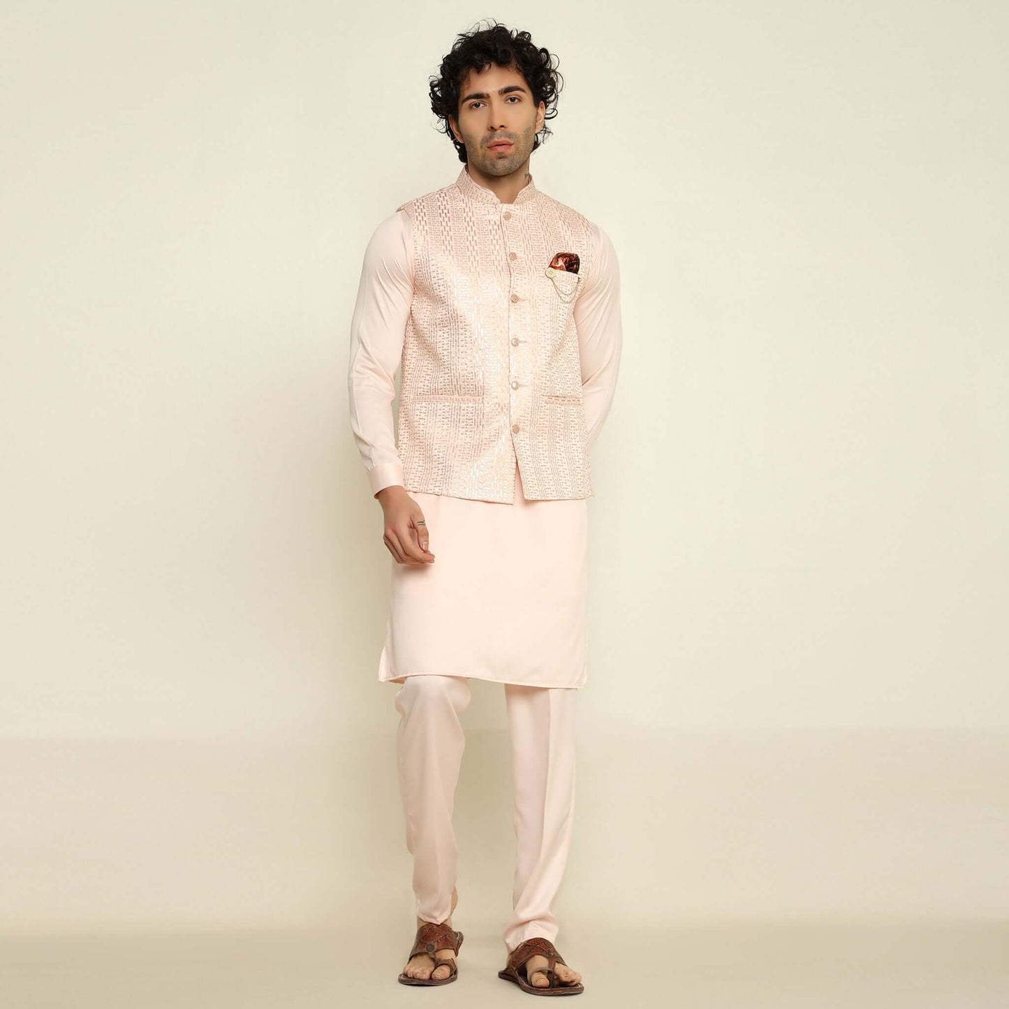 Pink Sequence Embroidered Kurta Koti Set for Men